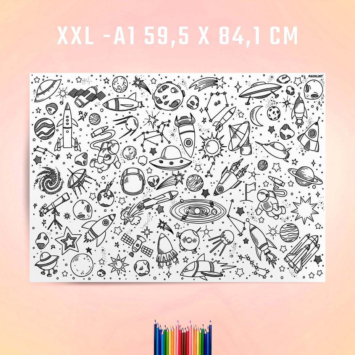 PACKLIST® Giant Space Coloring Poster for Kids – XXL Jumbo Outer Space Theme Wall Art with Planets & Rockets | Huge Educational Craft & Group Activity