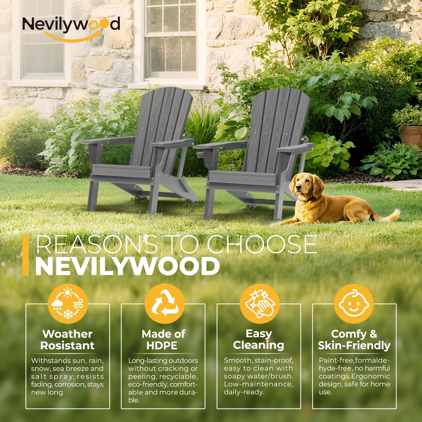 nevilywood Folding Adirondack Chair, Ergonomic, Cup Holder, 380lbs,Grey