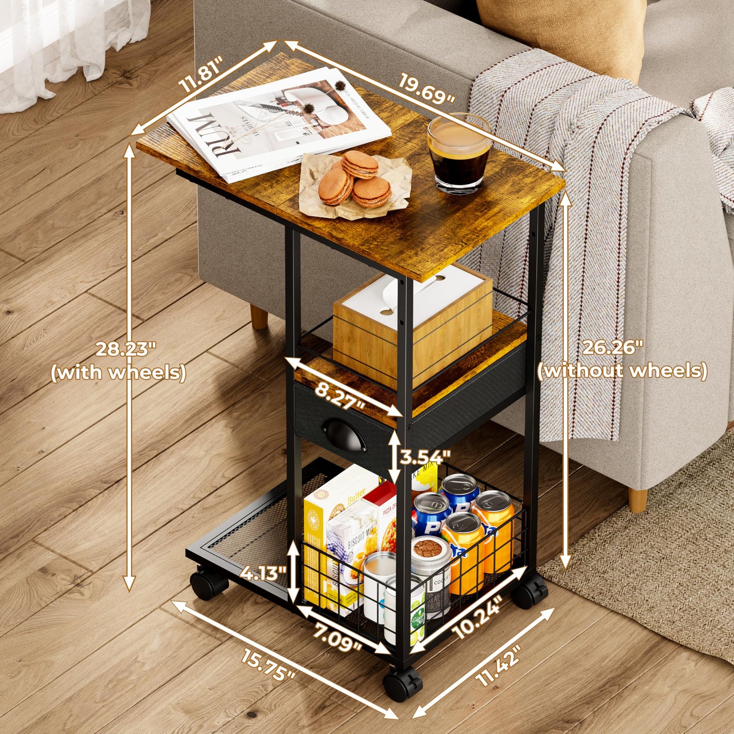 C Shaped Sofa Side Table with Wheels, Rolling Small Coffee Table with Drawer, Portable TV Tray Table for Couch, Bedside Table with Storage, Narrow Nightstand for Bedroom, End Tables Living Room