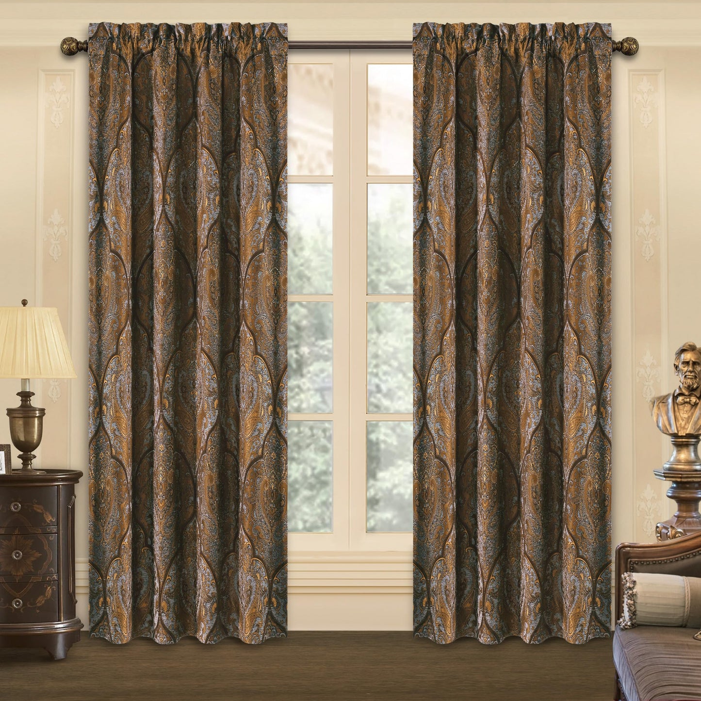 Loom and Mill Luxury Jacquard Curtains for Bedroom, Classic Antique Lined Damask Curtains 2 Panels with Tiebacks, Bronze Gold Window Curtain for Living Room Holiday Banquet Decor(52Wx84L, 2 Panels)
