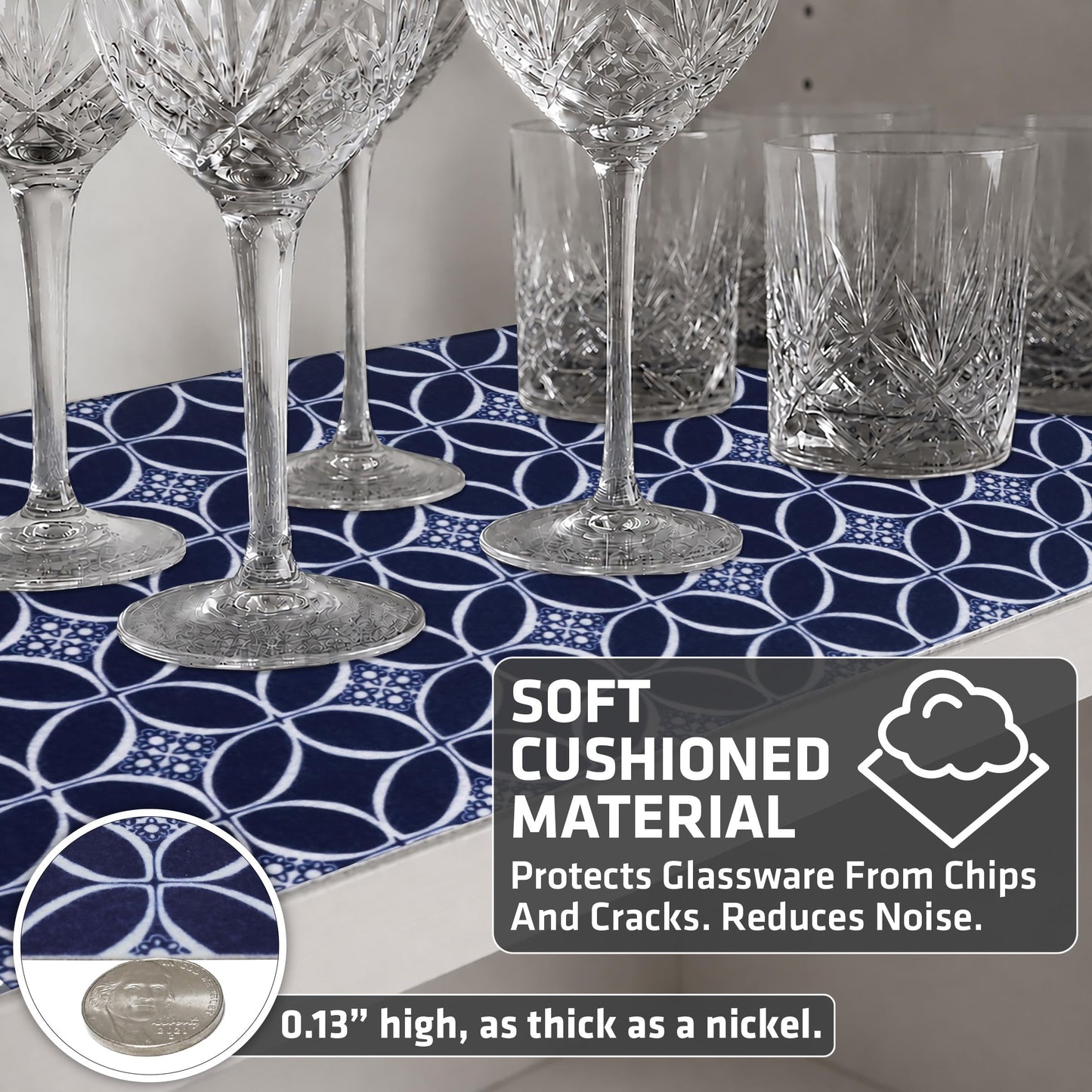 Drymate Premium Luxury Shelf & Drawer Liner, Thick Cushioned Fabric, Non-Adhesive, Absorbent, Waterproof, Slip-Resistant, Liners for Kitchen Cabinets, Cupboards (USA Made)(12”x59”)(2-Pack)(Indigo)