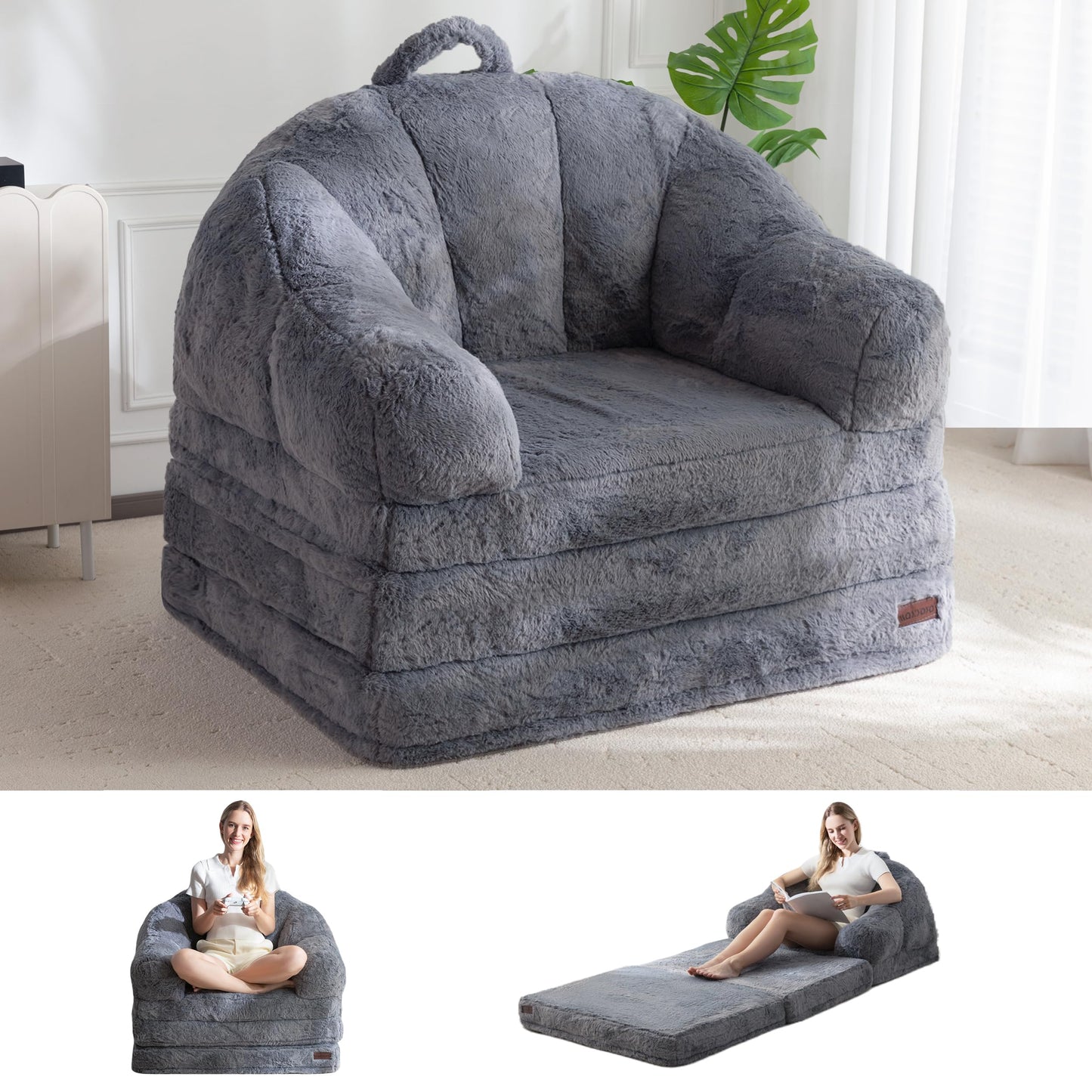 MAXYOYO Folding Sofa Bed, 2 in 1 Convertible Sofa to Lounger Comfy Single Bean Bag Chair for Adults, Floor Couch with Handle, Faux Fur Couch Bed for Living Room Bedroom, Grey