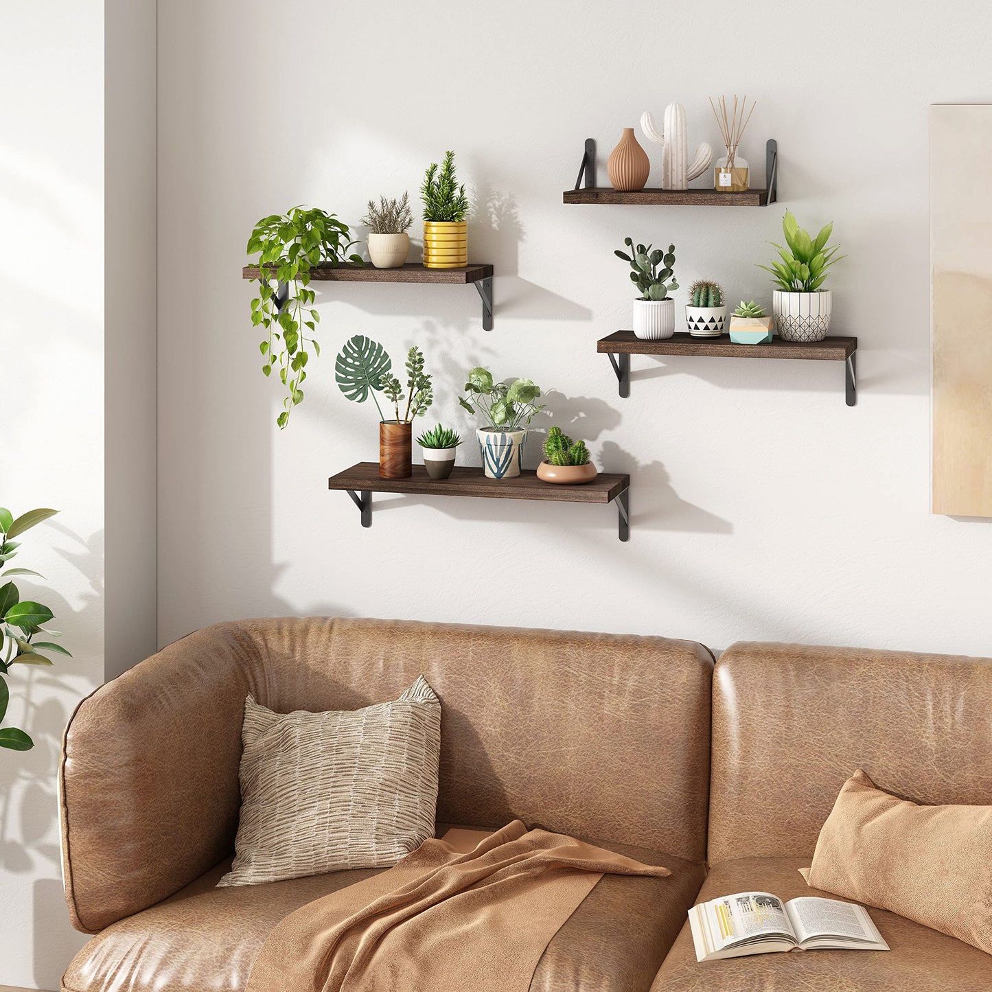 YGEOMER Wall Shelves, 4pcs Different Sizes Dark Carbonized Brown Floating Shelves for Decor