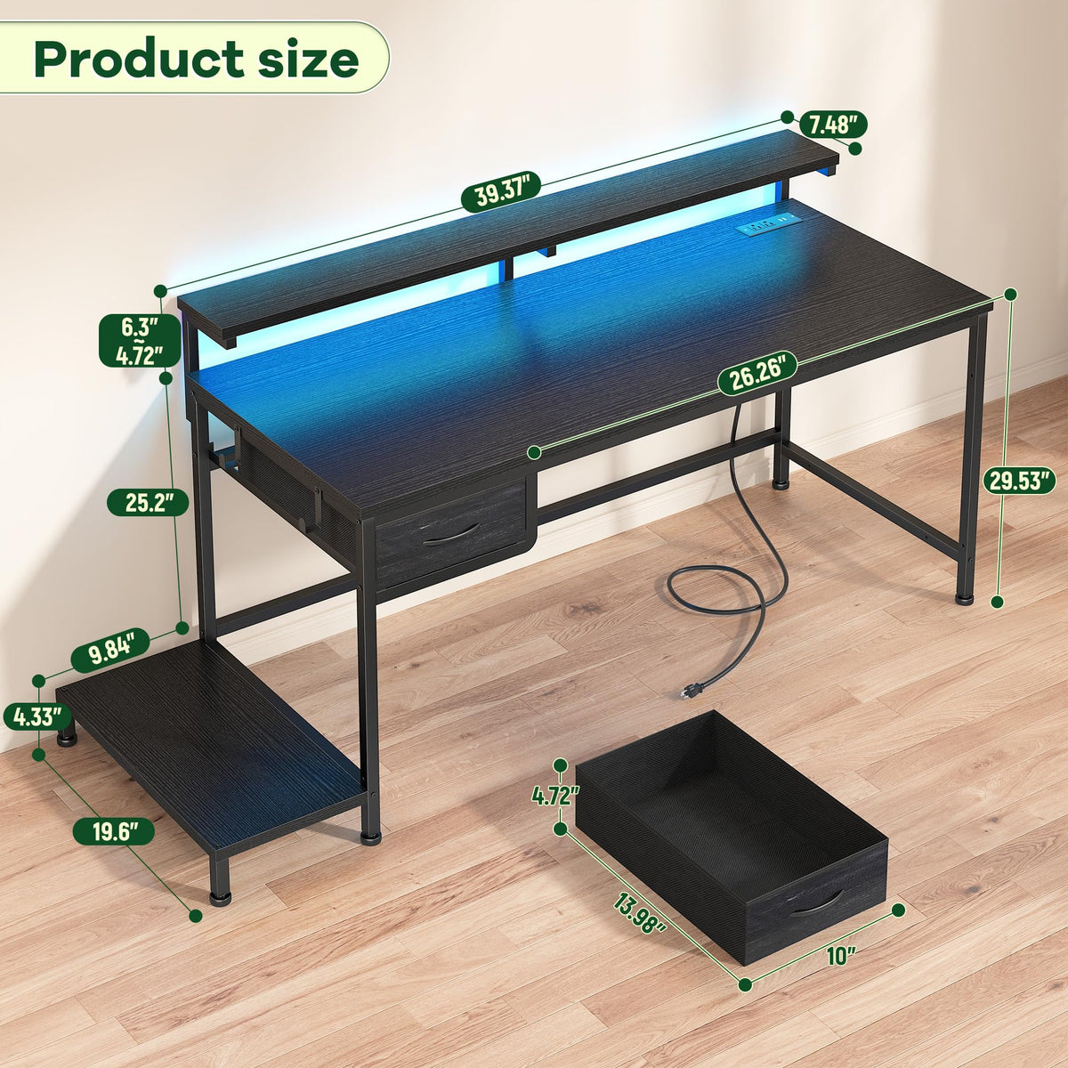 DurayLoly 39.3" Gaming Desk with Power Outlet and LED Lights,Computer Desk with Adjutable Monitor Stand and Drawer,Office Desk with CPU Stand for Home Work,Study and Gaming, Small Spaces,Black