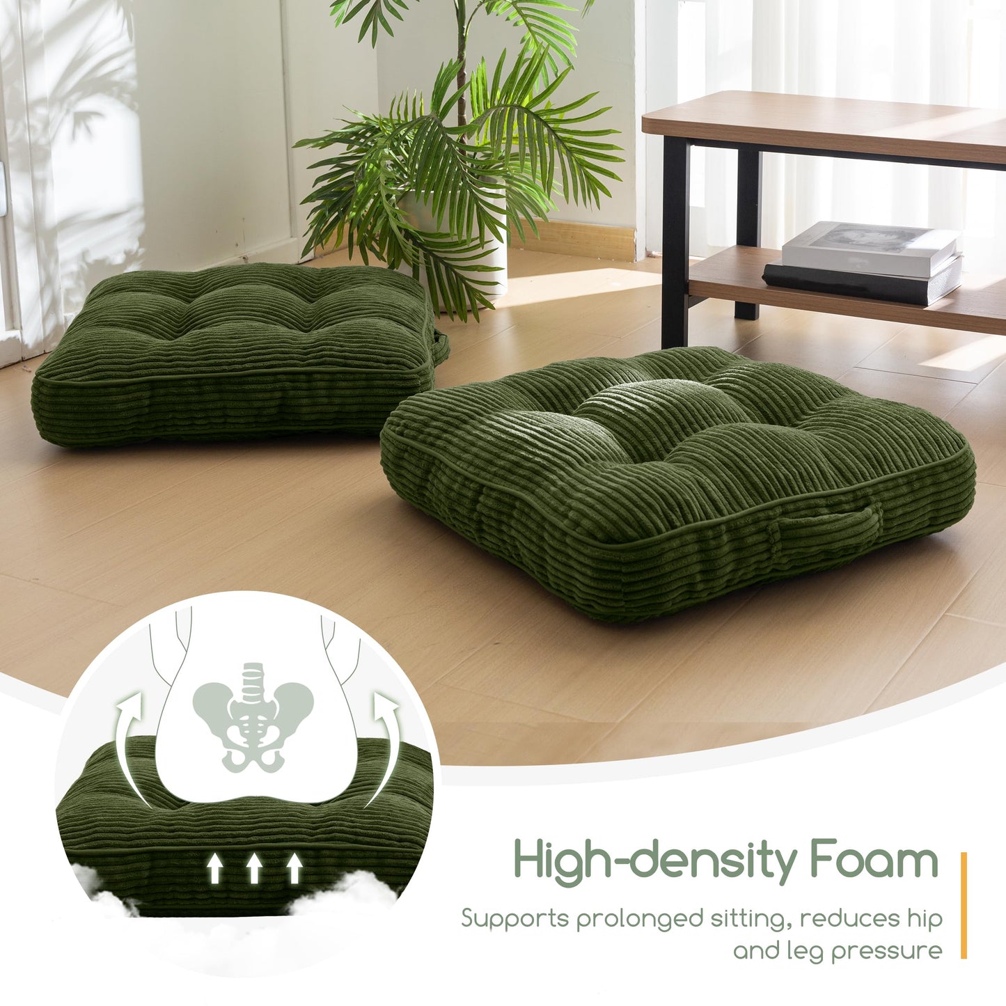 HIGOGOGO Floor Pillow Cushion for Adults, Meditation Cushion Pillow, Large Square Floor Sitting, Tufted Corduroy Cover, for Tatami Living Room or Yoga, Dark Green