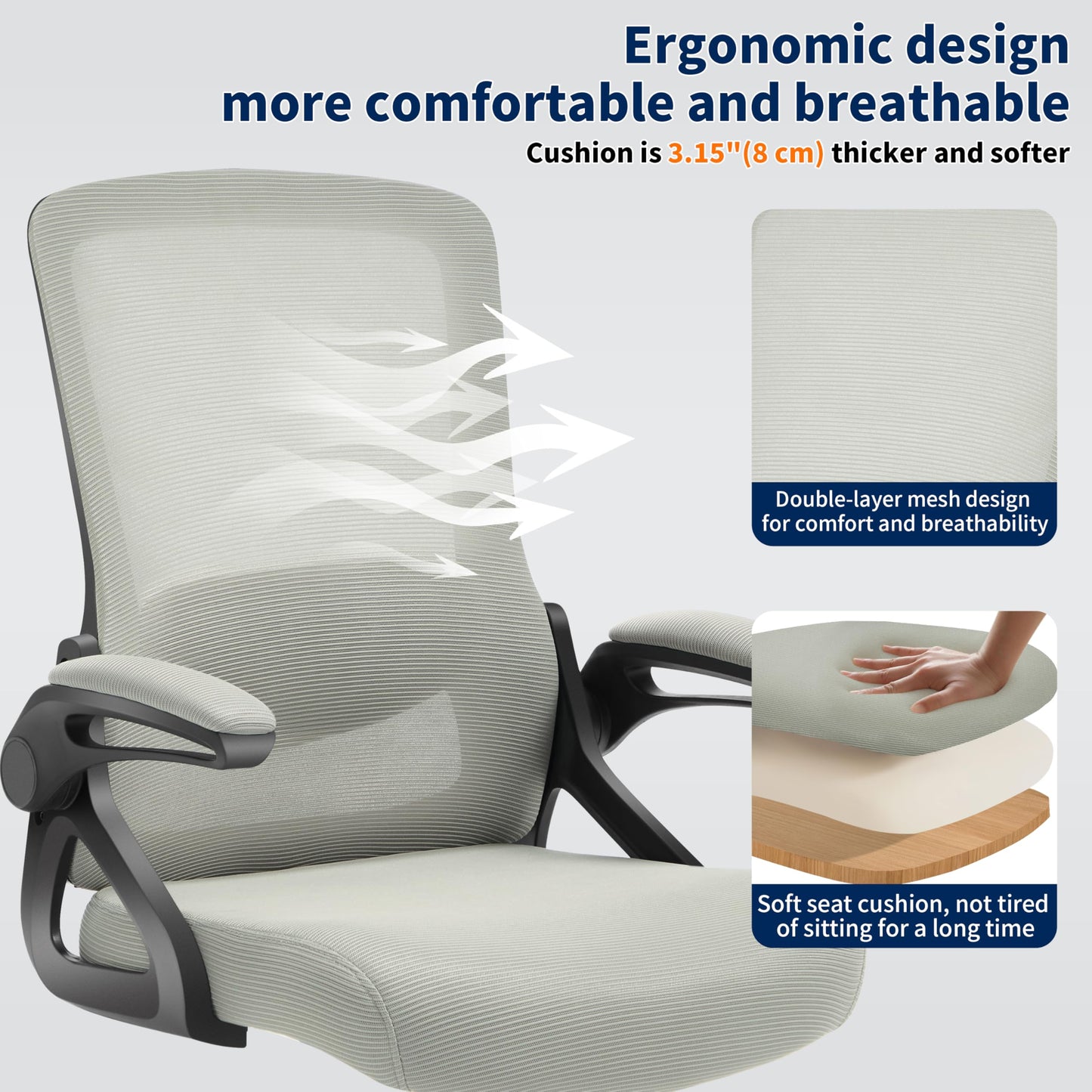 Ergonomic Office Chair, Desk Chair with Adjustable Lumbar Support, Breathable Mesh Comfy Computer Chairs with Flip-up Armrests Executive Task Chair for Adults Home Office (Dark Gray)