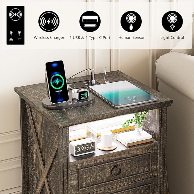 Nightstand with Charging Station, Farmhouse End Side Table with 3 Drawers and