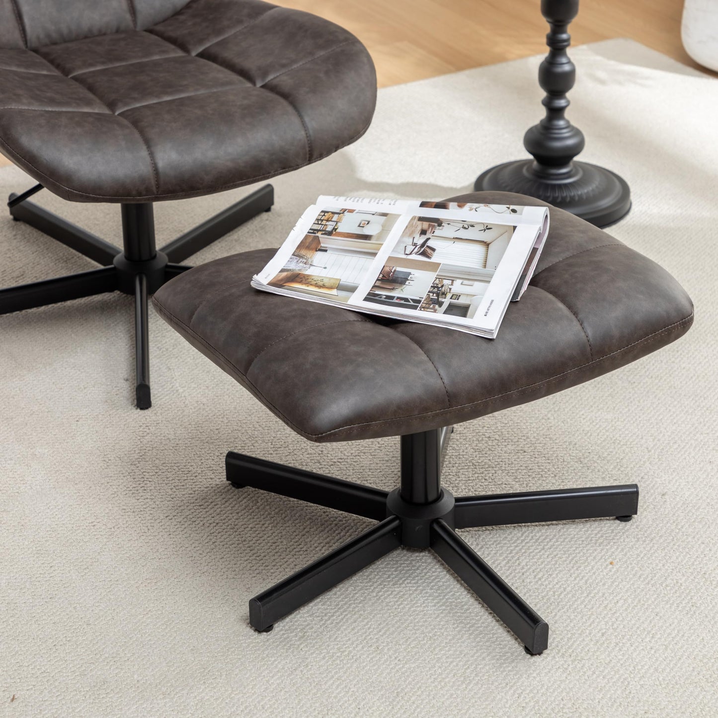 Roundhill Furniture Arlena 2-Piece Seating Set, Faux Leather Tufted Accent Chair and Ottoman, Brown