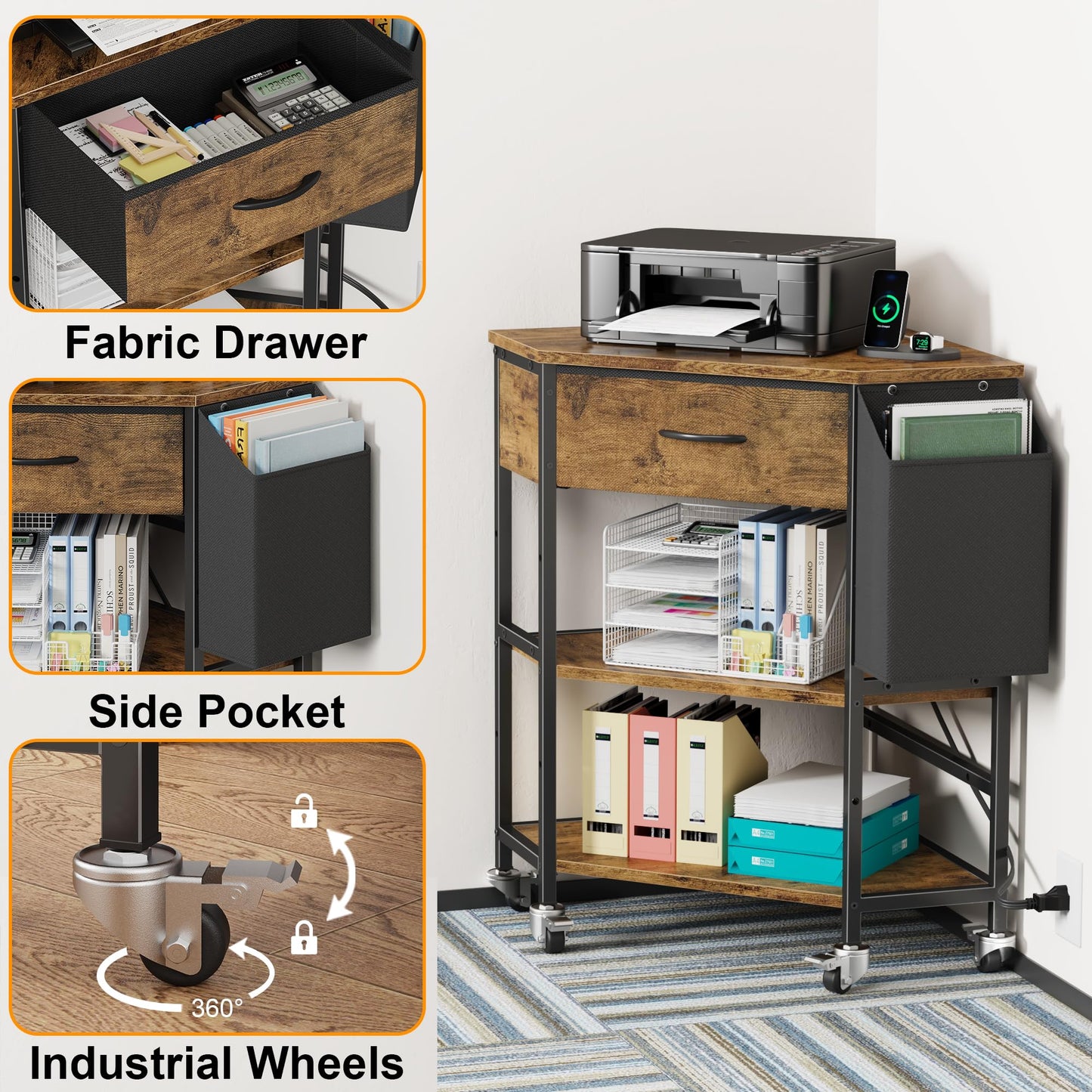 YAOHUOO Corner Printer Stand, Corner Table with Power Outlet/Storage Fabric Drawer，Printer Cart for Home Office with Height Adjustable Shelf/Side Pocket, Rustic Brown