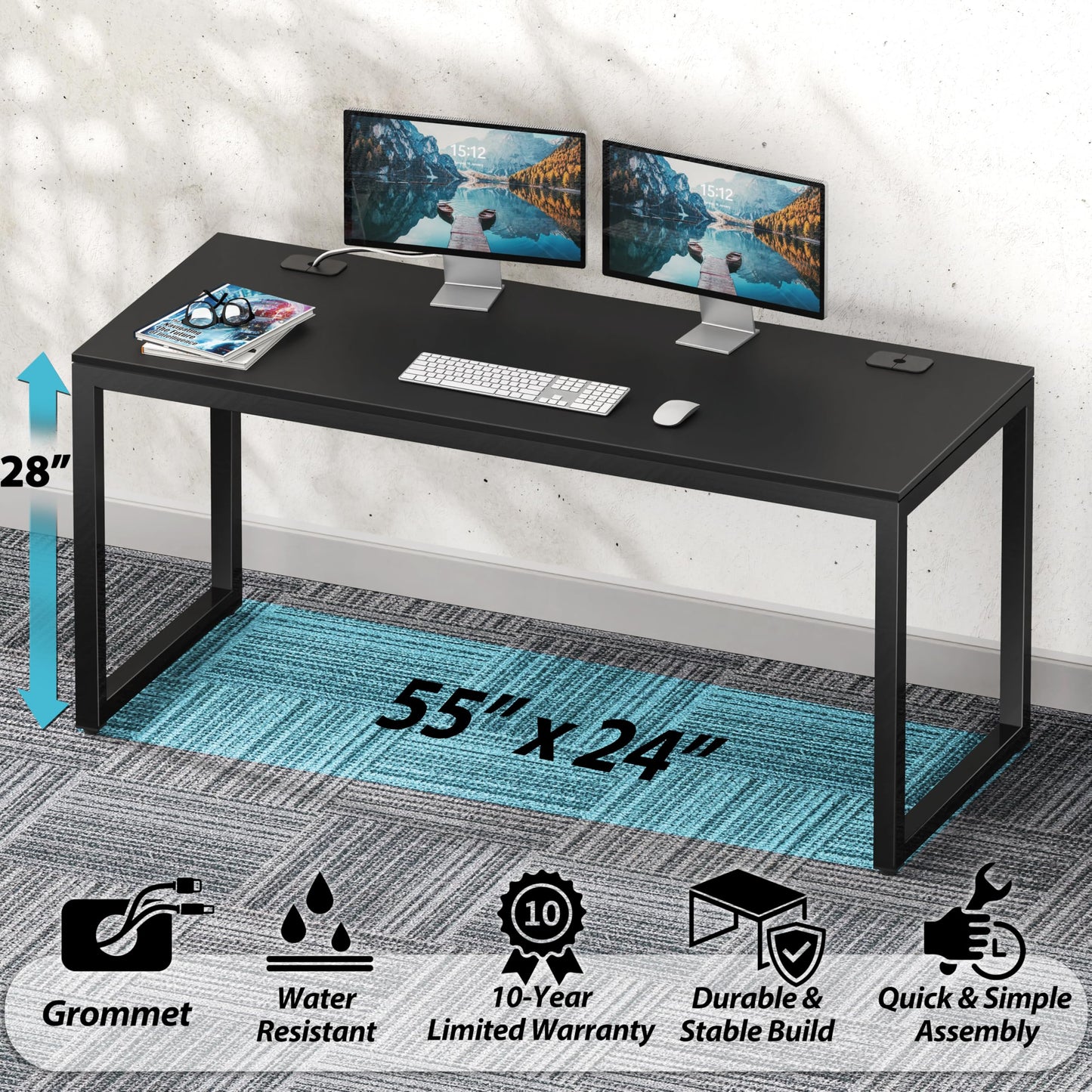 SHW 55-Inch Commercial-Grade Office Computer Desk, Black