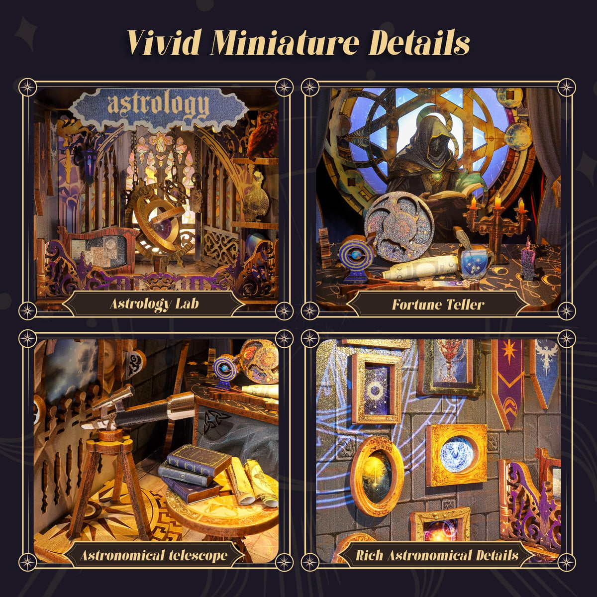FUNPOLA 3D Wood Puzzle Book Nook Kit, Astrology Star Map Bookshelf Insert with LED Lights, DIY Celestial Miniature Bookend Décor for Display, Unique Craft Gift for Adults and Teens (Astrology)