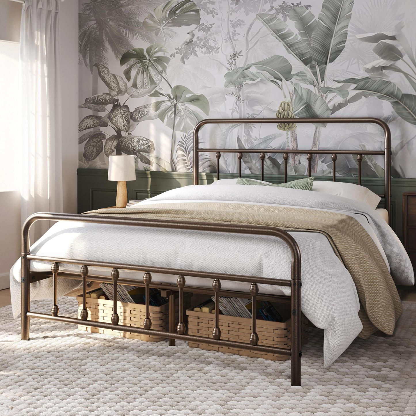 Yaheetech Classic Metal Platform Bed Frame Mattress Foundation with Victorian Style Iron-Art Headboard/Footboard/Under Bed Storage/No Box Spring Needed/Queen Size Bronze
