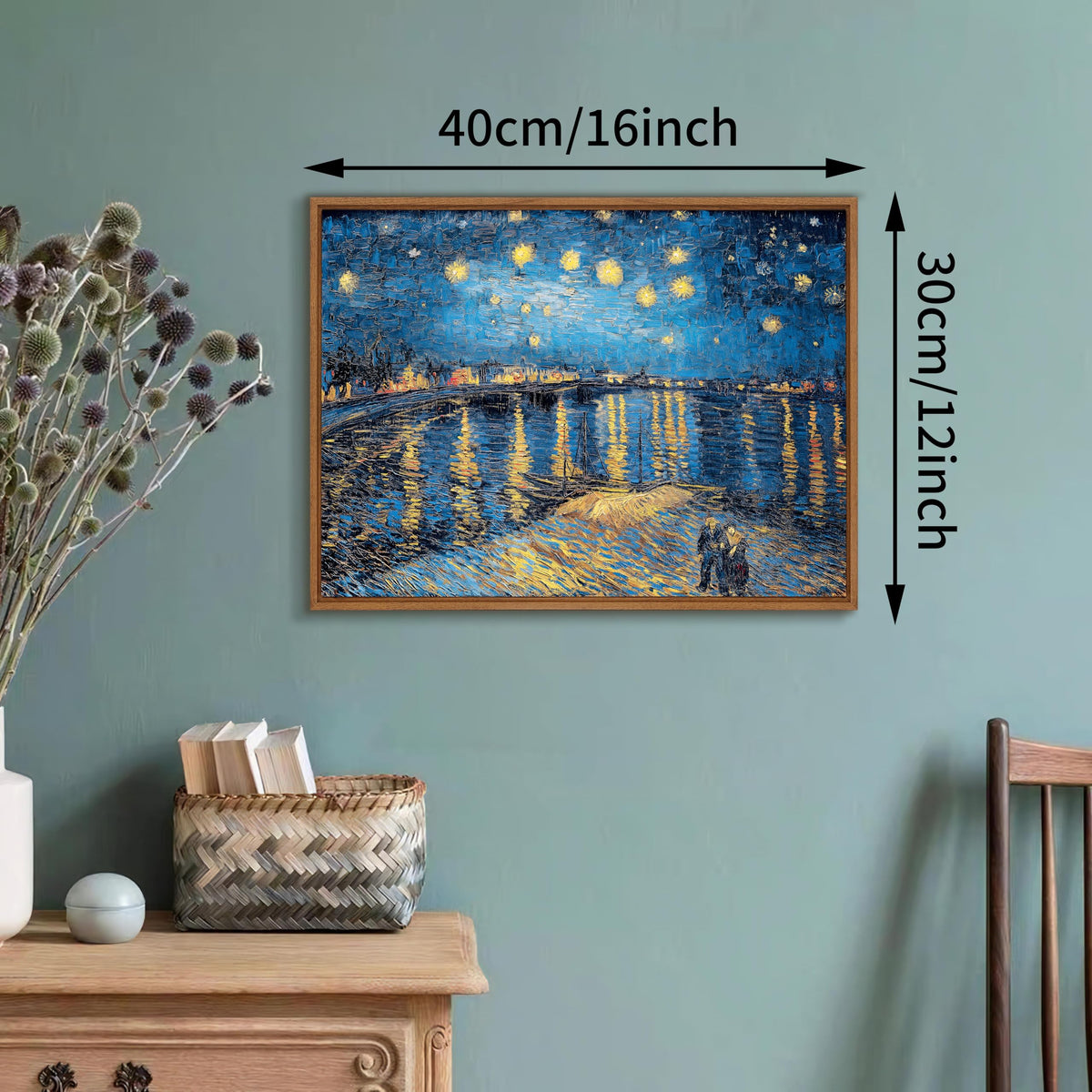 WENGTIAO Framed Canvas Wall Art Starry Night Over The Rhone by Van Gogh Oil Paintings Vintage Landscape Print Reproduction Retro Blue and Yellow Artwork Pictures for Living Room Bedroom Office Study 12”x16”