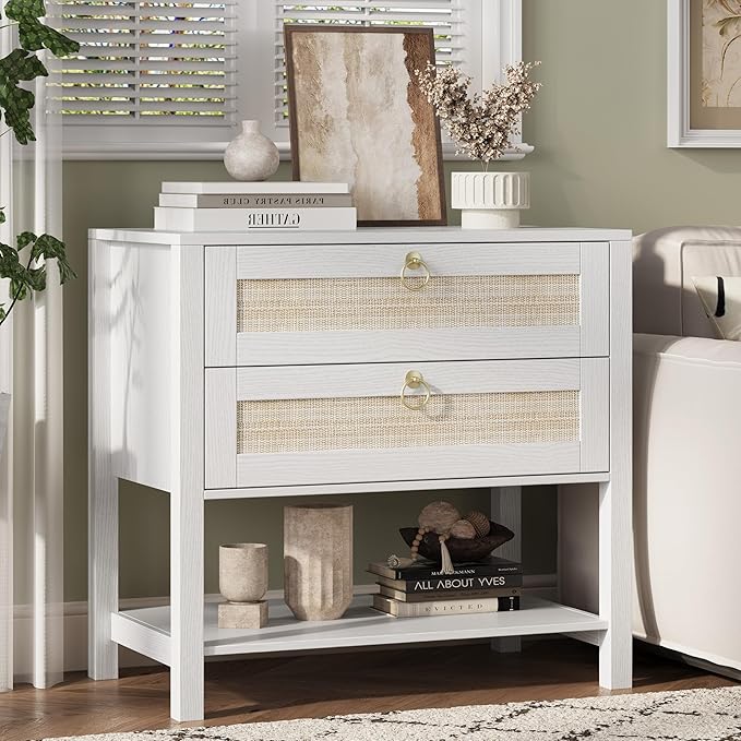 Xixini Nightstand wih 2 Drawers & Open Shelf, Small Mid Century Modern Night