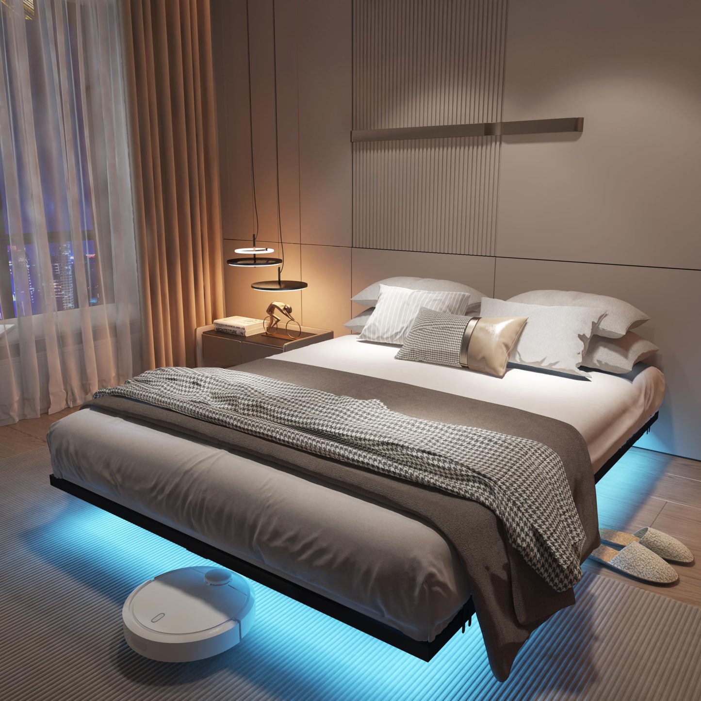 Muluflower Floating Bed Frame Full Size with Charging Station and LED Lights, Metal Platform Bed Frame, No Box Spring Needed, Easy Assembly, (Full)
