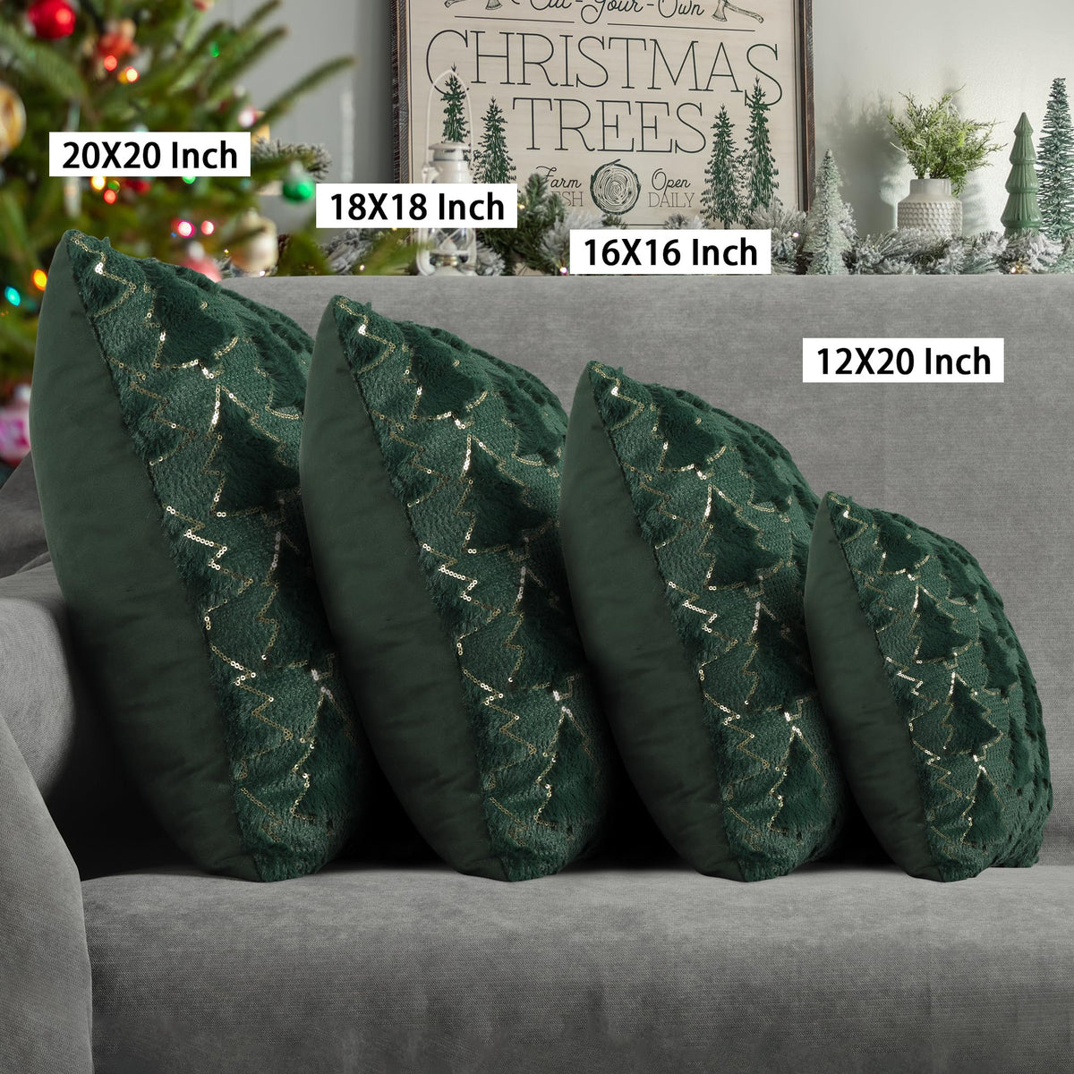 4TH Emotion Christmas Tree Decorative Pillow Covers 18x18 Set of 2, Green Soft Plush Faux Fur Farmhouse Throw Cushion Cases for Xmas Winter Holiday Home Decorations