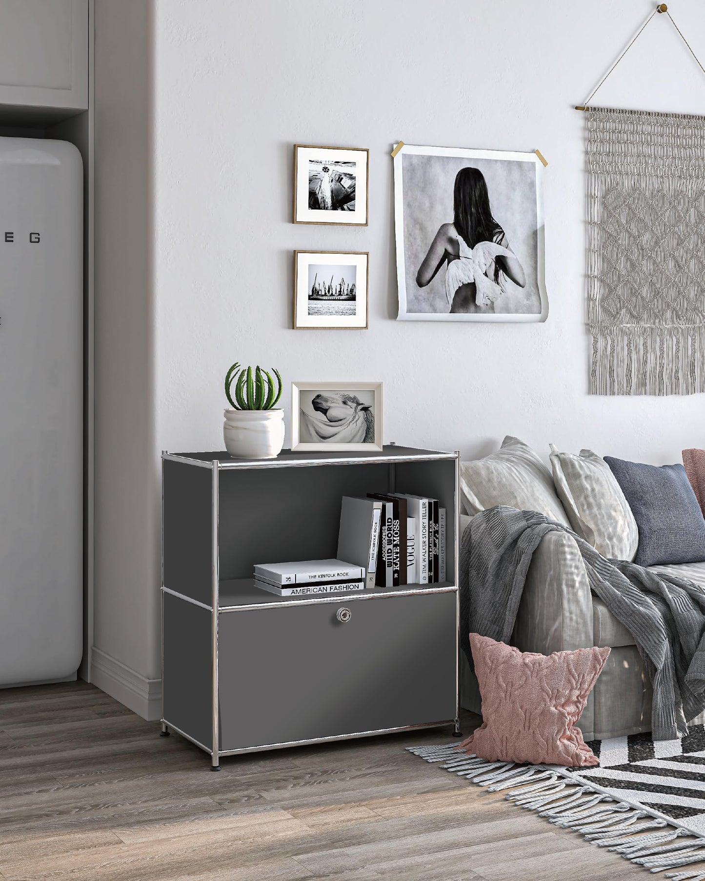 Simplink 32.5-Inch Flip-Top Storage Cabinet with Detachable Wheels, Metal Side Table and Small Sideboard Cabinet for Living Room, Bedroom, Office, Orange