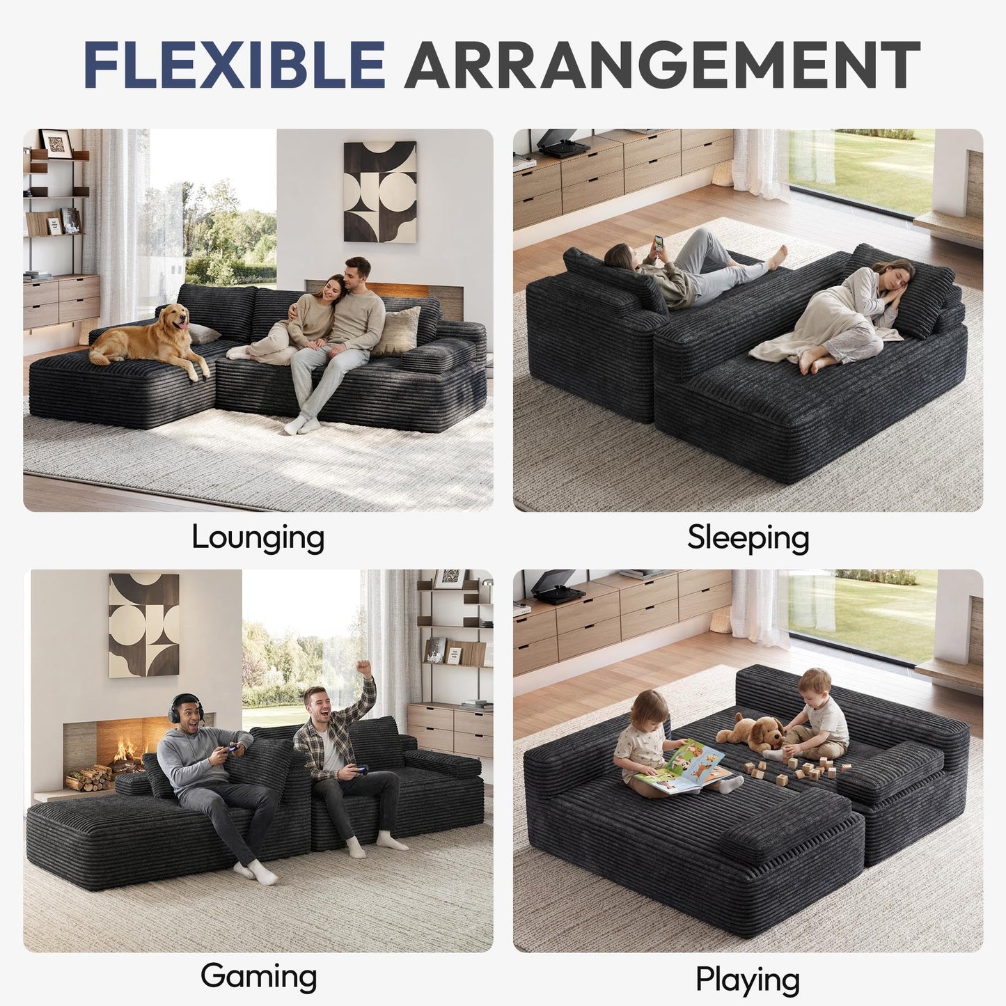Yaheetech 110" Modular Sectional Sofa Corduroy Boneless Couch with Chaise L-Shape Cloud Couch with Detachable Pillows No Assembly Sofa for Living Room, Dark Gray