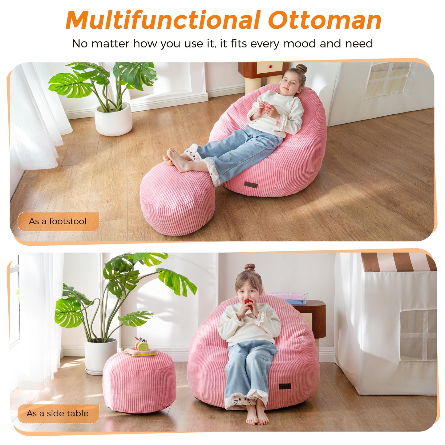 MAXYOYO Kids Bean Bag Chair with Ottoman, Soft Plush Bean Bag Sofa with Removable Cover for Boys and Girls, Convenient Floor Seat with Handle, Comfy Toddler Lounge Chair for Playroom, Bedroom, Pink