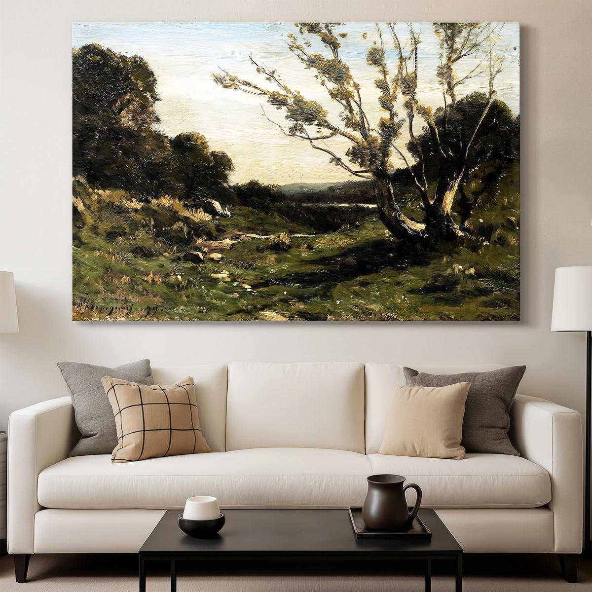 Renditions Gallery Wall Art For Home Decor Peaceful Morning in the Nievre by Henri Harpignies Canvas Wall Decorations for Kitchen Bedroom Lounge - 60" L x 40" W LT630
