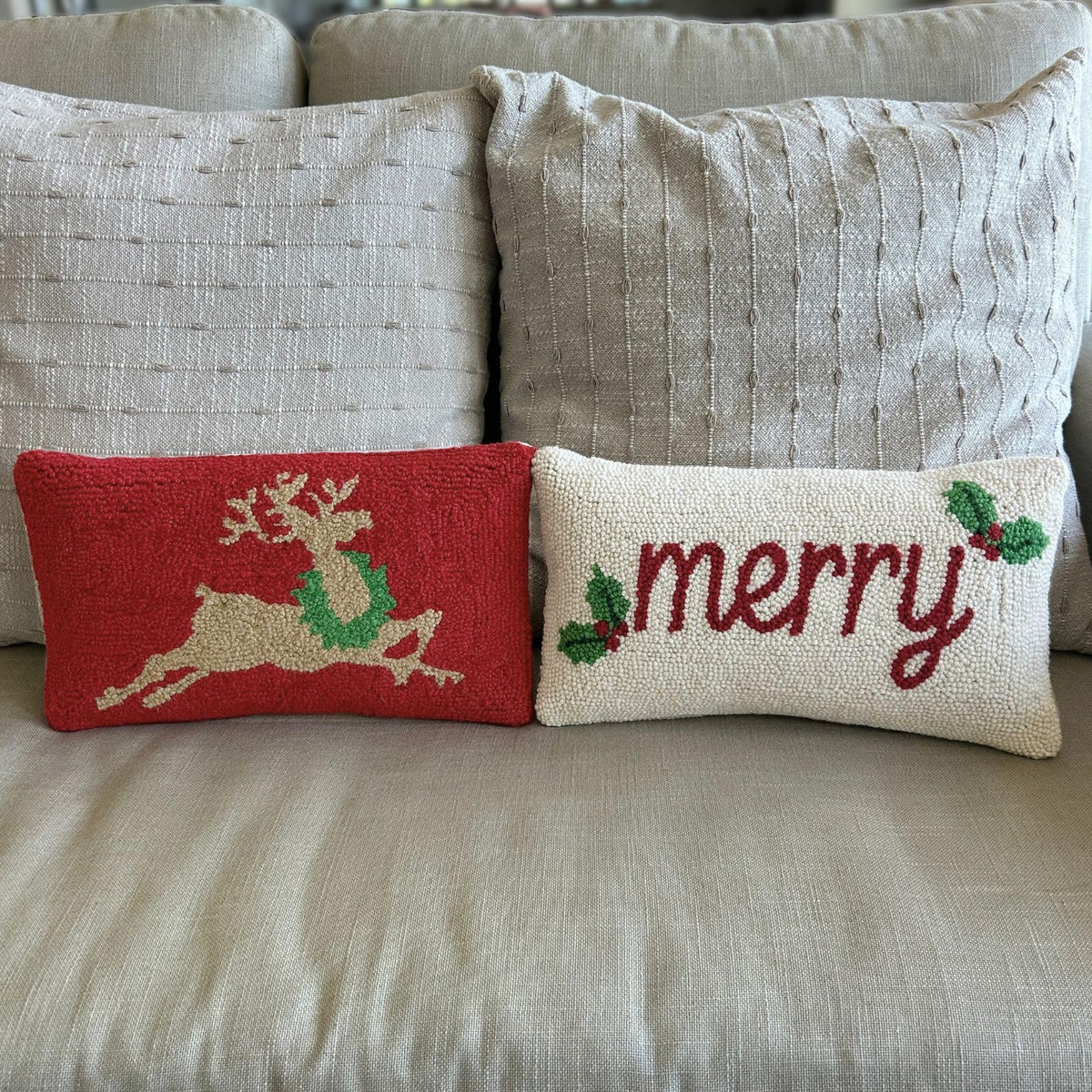 Decorvo Hand Hooked Christmas Pillow - 9X16 inches Throw Pillow for Couch or Dorm (Reindeer)