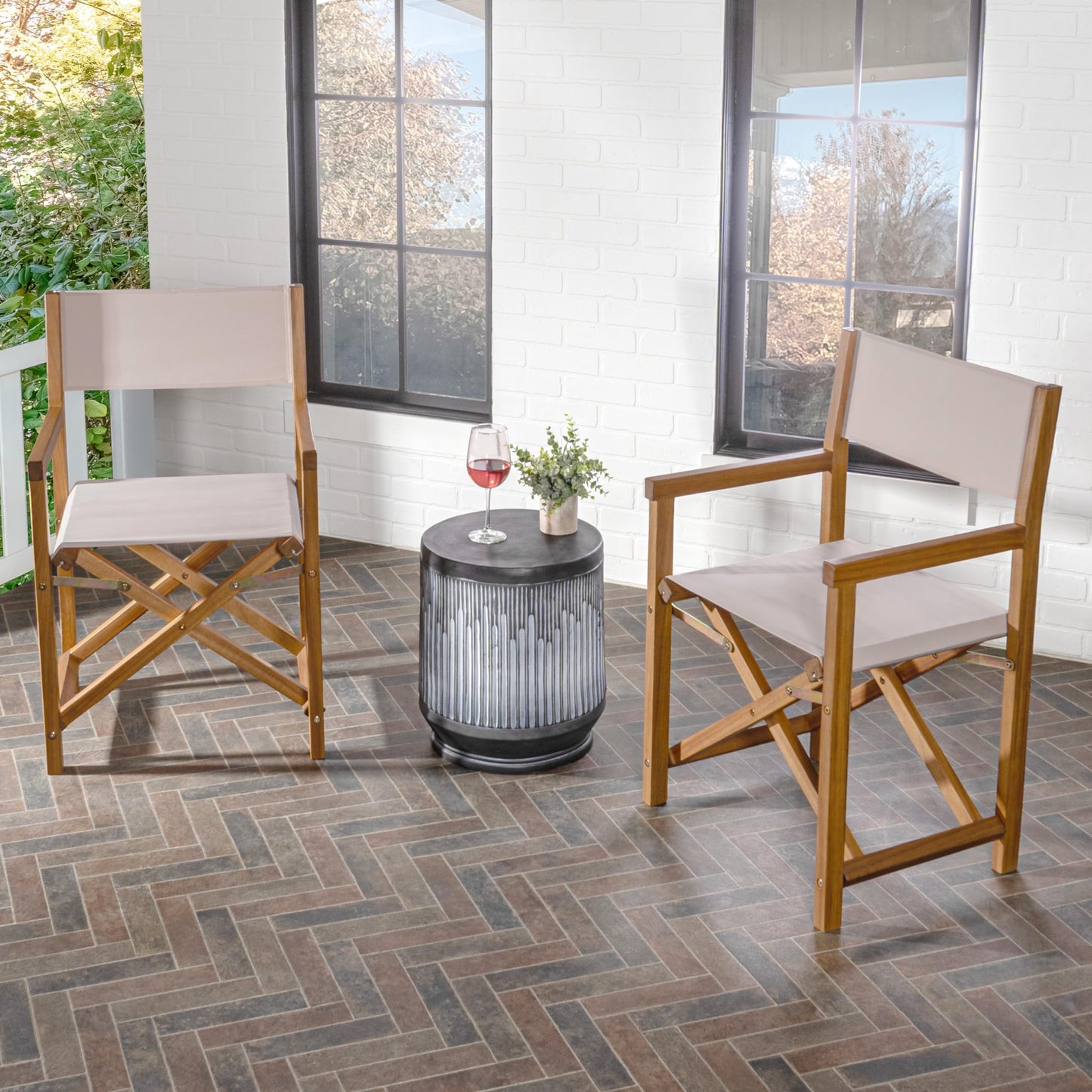 JONATHAN Y Cukor Coastal Acacia Wood Folding Outdoor Director Chair Set of 2 for Patio, Deck & Balcony, Weather-Resistant Teak Brown and Beige, No Assembly Required DRC1000B-SET2