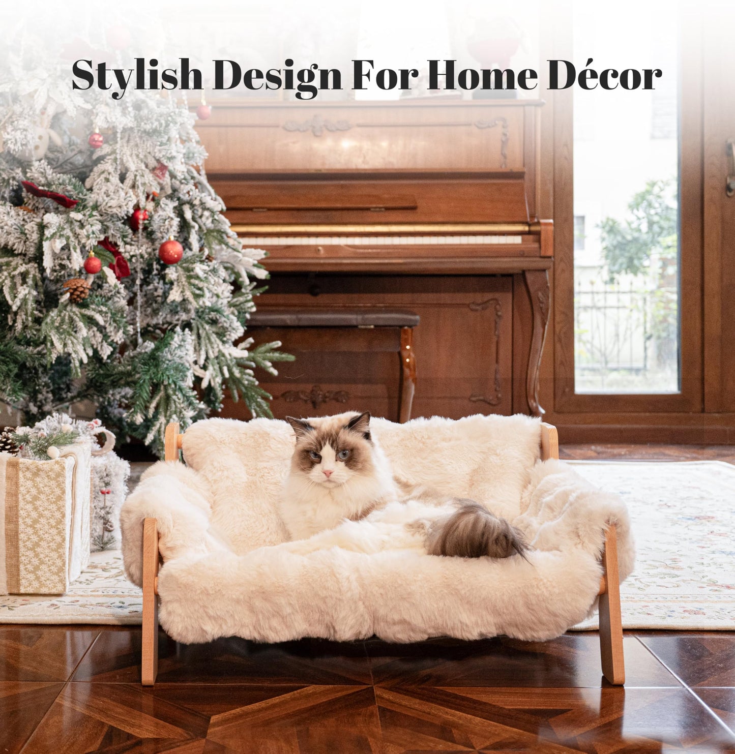 CHEERHOME PETS Elevated Cat Couch Bed for Indoor Cats, Wooden Cat Sofa with Removable Washable Fluffy Cover Raised Kitty Lounge Chair Suitable for Puppy(Cat Sofa Off-White)
