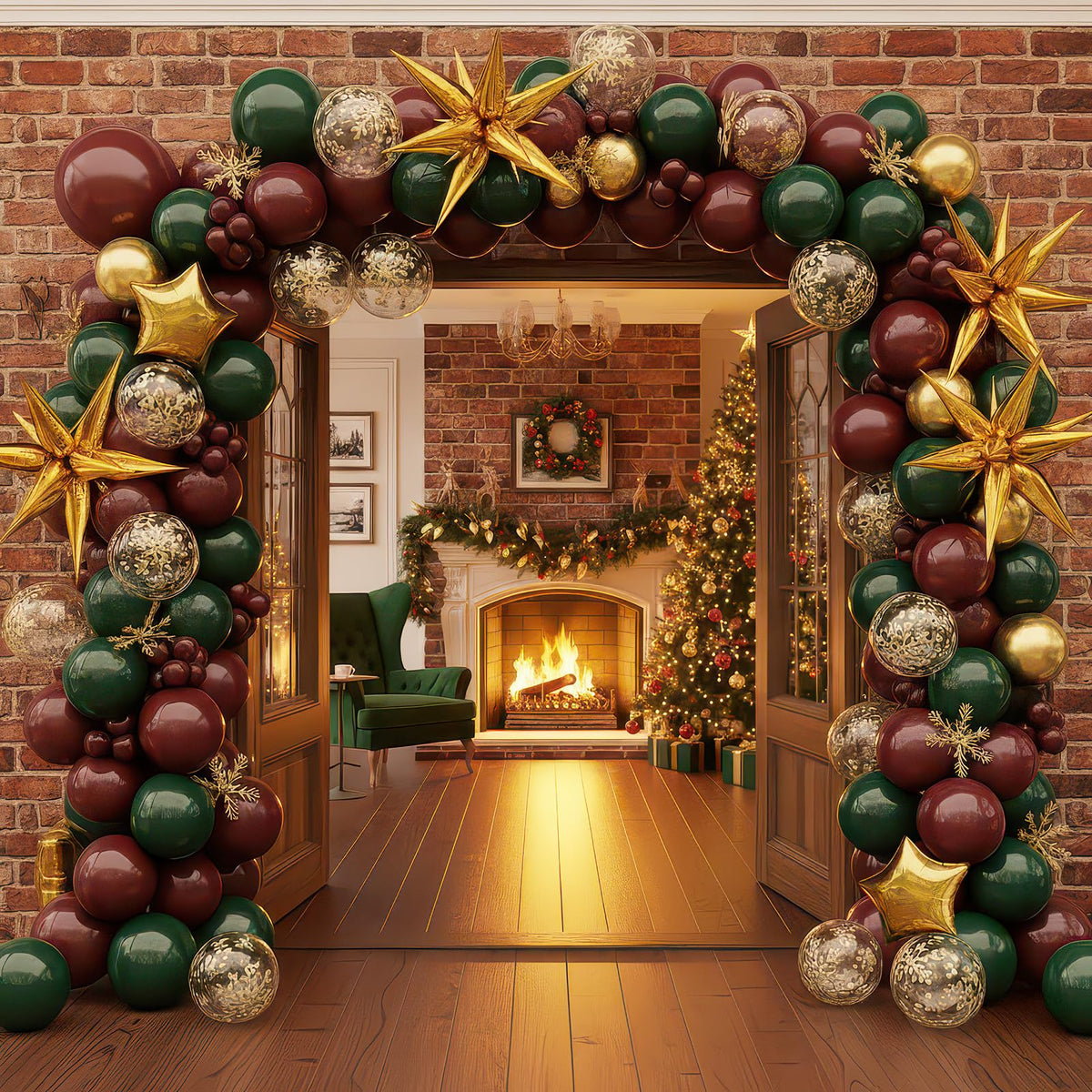 Winter Christmas Garland decorations with Maroon Hunter Green Gold confetti Balloon arch & Foil Star balloons & Artificial Snowflake Xmas Garland for wine red friendsmas new year party decorations