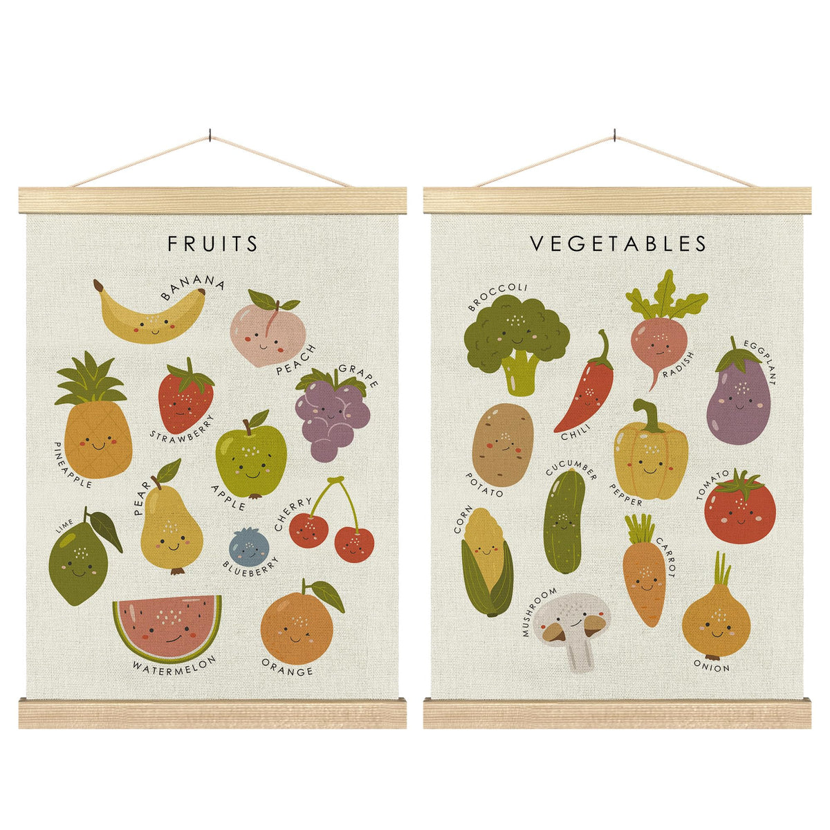 BCUANGD Fruits Vegetables Wall Decor - Toddlers Kids Preschool Poster Hanger with Wood Frames Set of 2, Educational Learning Wall Hanging Canvas Decor for Kids Room Nursery Home, 12x16 Inches