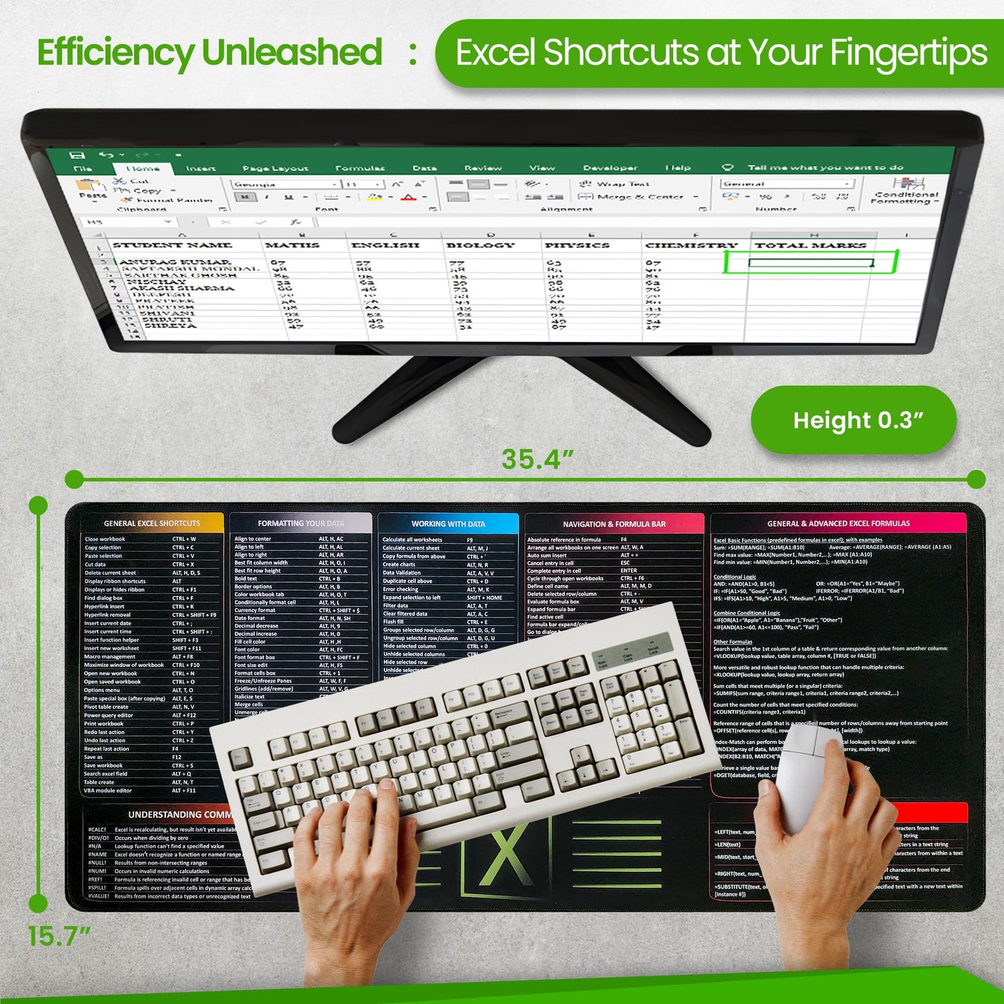 FzGuides Large Excel Cheat Sheet Desk Pad | Excel Pad Shortcut Keys Mouse Mat - Extended Office Excel Mouse Pad with Excel Shortcuts & Formulas | Waterproof | XL Giant Deskpad for Desk 35.5" x 15.7"
