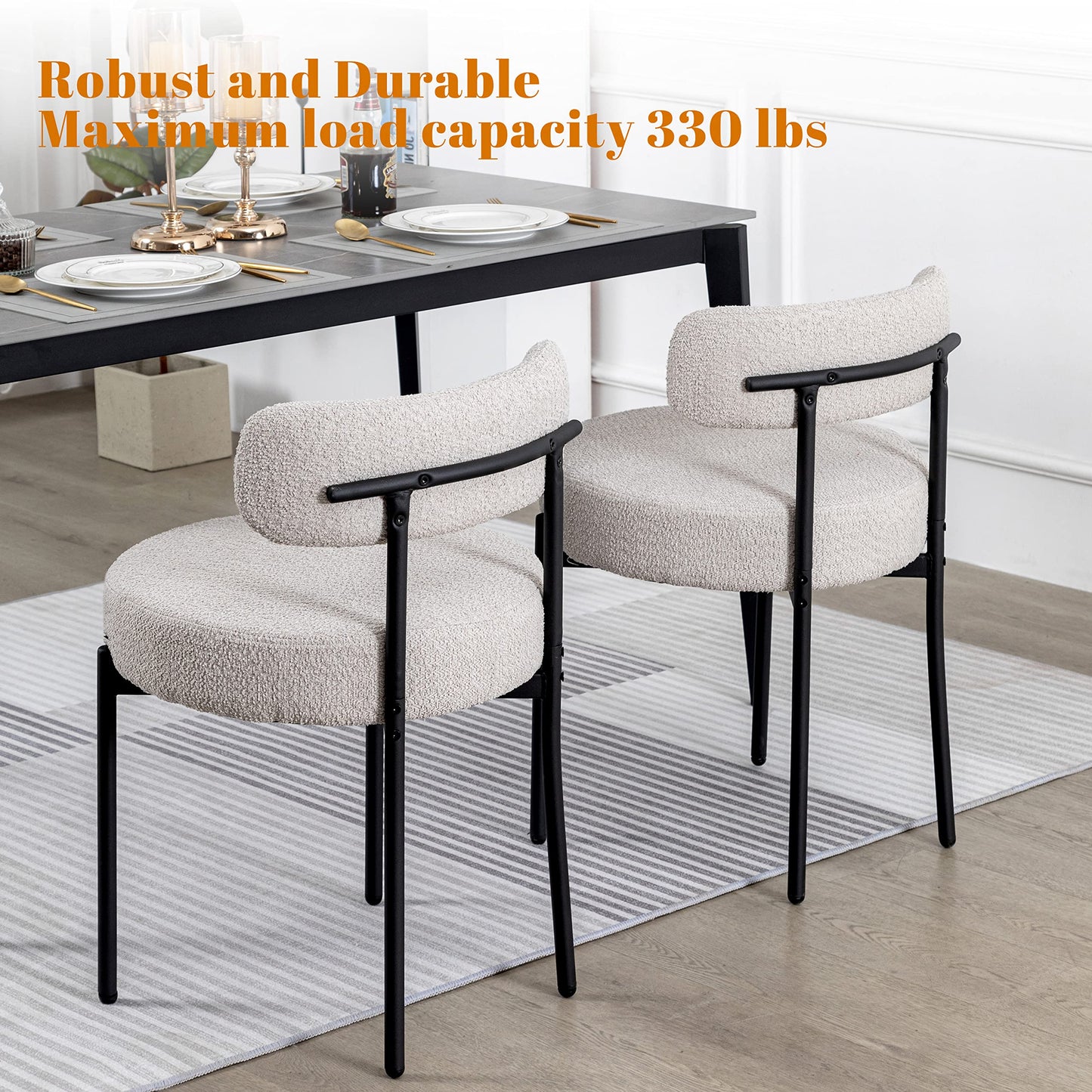 DYHOME Light Grey Boucle Dining Chairs Set of 2, Mid Century Modern Upholstered Kitchen Chairs with Curved Backrest and Black Metal Legs