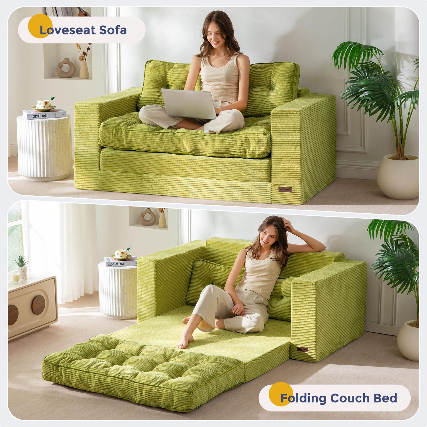MAXYOYO Convertible Sofa Bed, Pull Out Loveseat Sofa Couch, 2 in 1 Folding Couch Bed, Fold Out Floor Couch with Pillows for Living Room Bedroom Lounge, Green