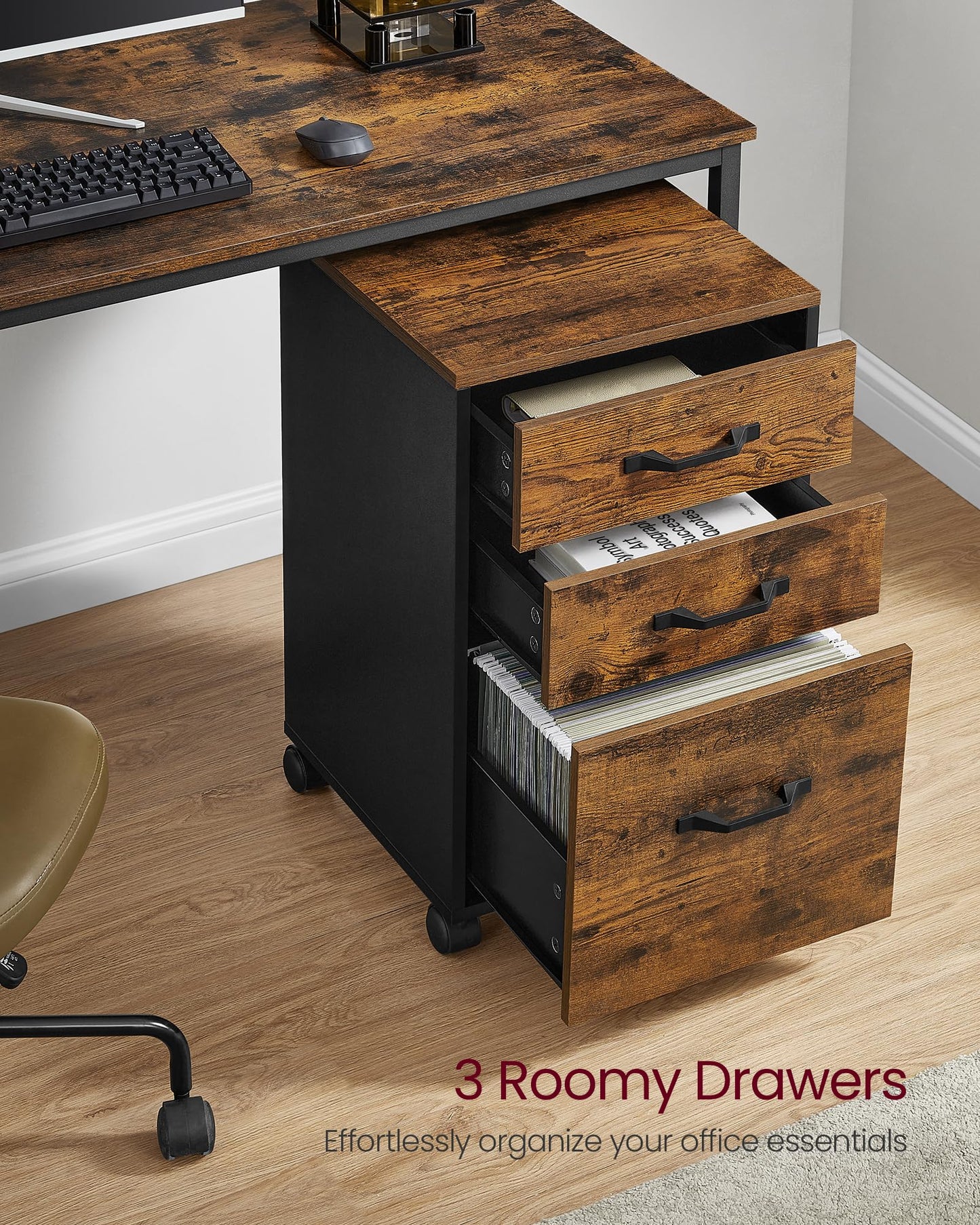 VASAGLE Custos Collection - Mobile File Cabinet, 3 Drawers Filing Cabinet with Wheels, for Home Office, for A4, Letter Sized Documents, Adjustable Hanging Rail, Rustic Brown and Black UOFC065B01