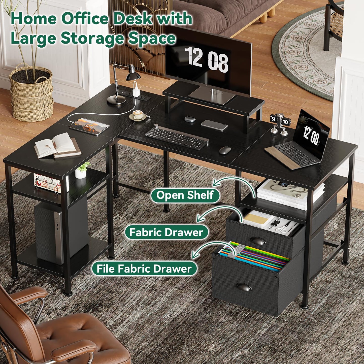 Furologee L Shaped Gaming Desk with Power Outlet, Corner Computer Desk for Home Office, Reversible 50 Inch Work Study Table with File Drawer, Monitor Stand, Storage Shelves, Black
