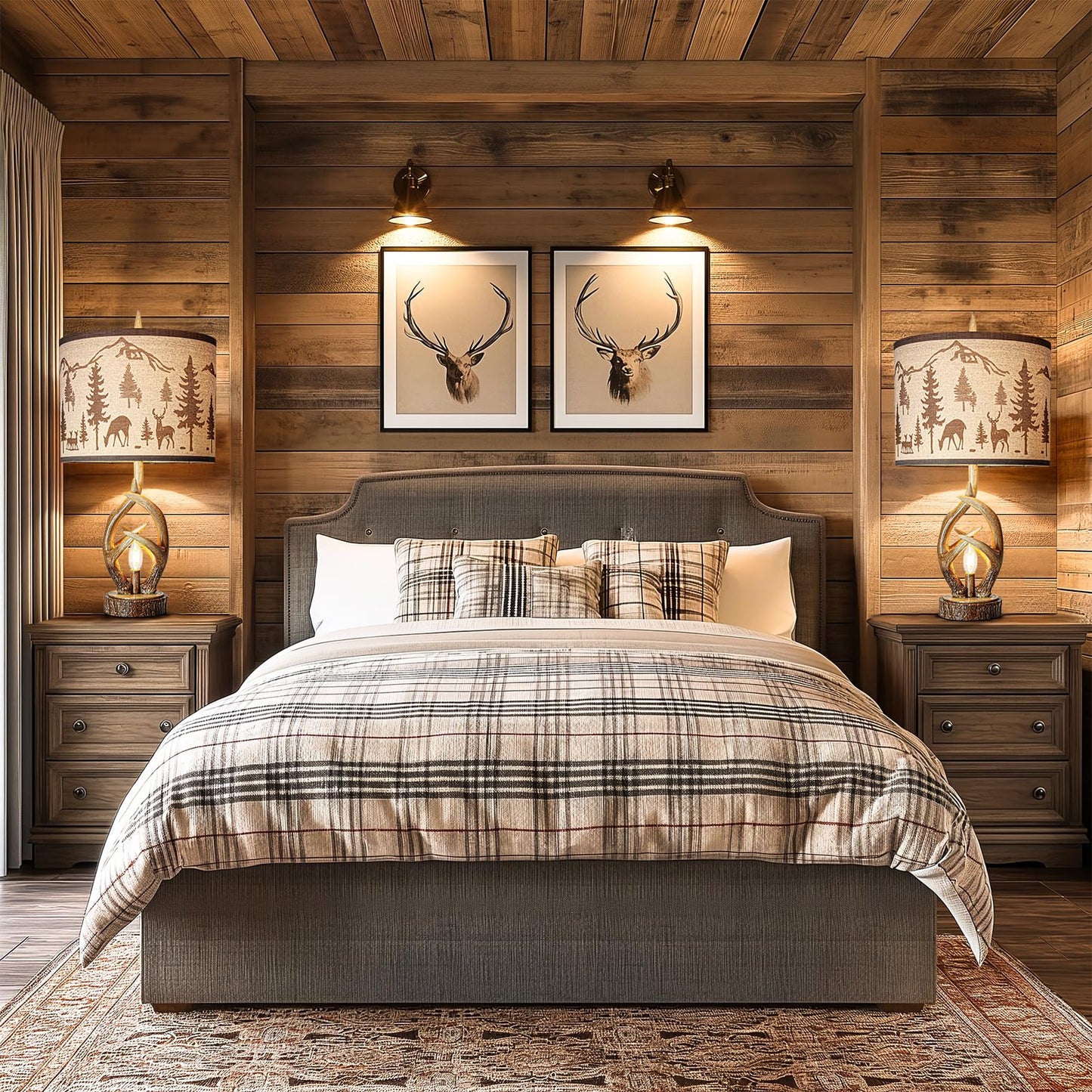 Scenekoy Antlers Style Table Lamp Set of 2 Rustic Bedside Lamp with Night Light Linen Fabric Shade Farmhouse Nightstand Lamps Decor for Living Room Bedroom House Home Office (Bulb Included)