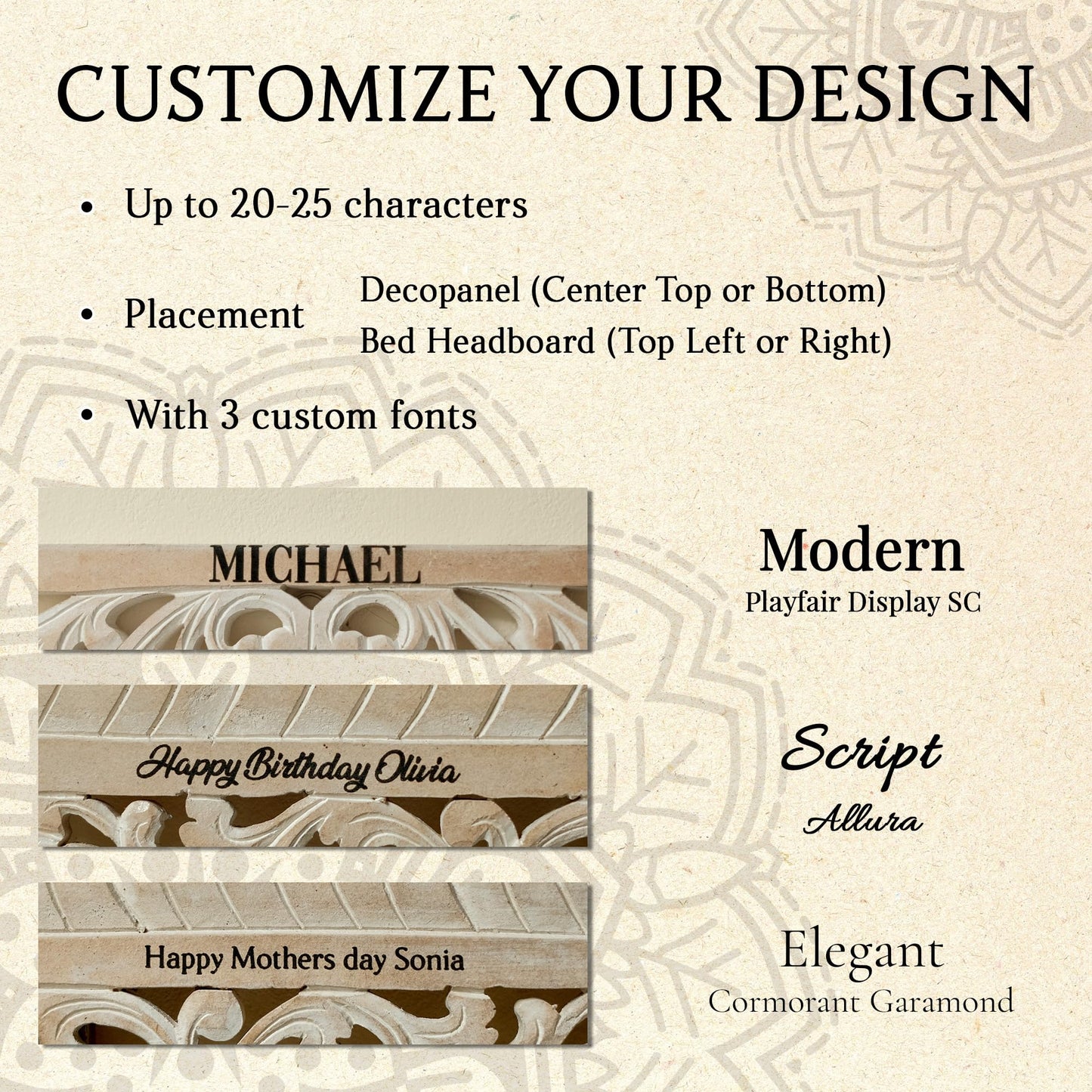 KultureDeco Personalized Carved Headboard Wall Panels, Manusa Natural Brown, Customizable Handcrafted Headboard from Bali Indonesia, Wall Mounted Behind Bed, King or Queen Size, Hardware Included