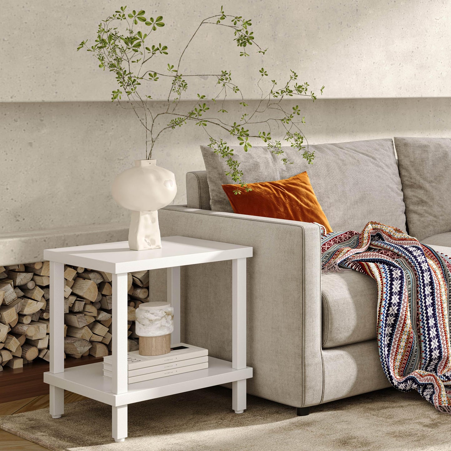 MMEOLUOOK Large End Table Square Side Table Modern Sofa Table 20 Inch Industrial Coffee Table NightStand with 2-Tier Storage Shelf for Living Room Bedroom White MLBZ06W