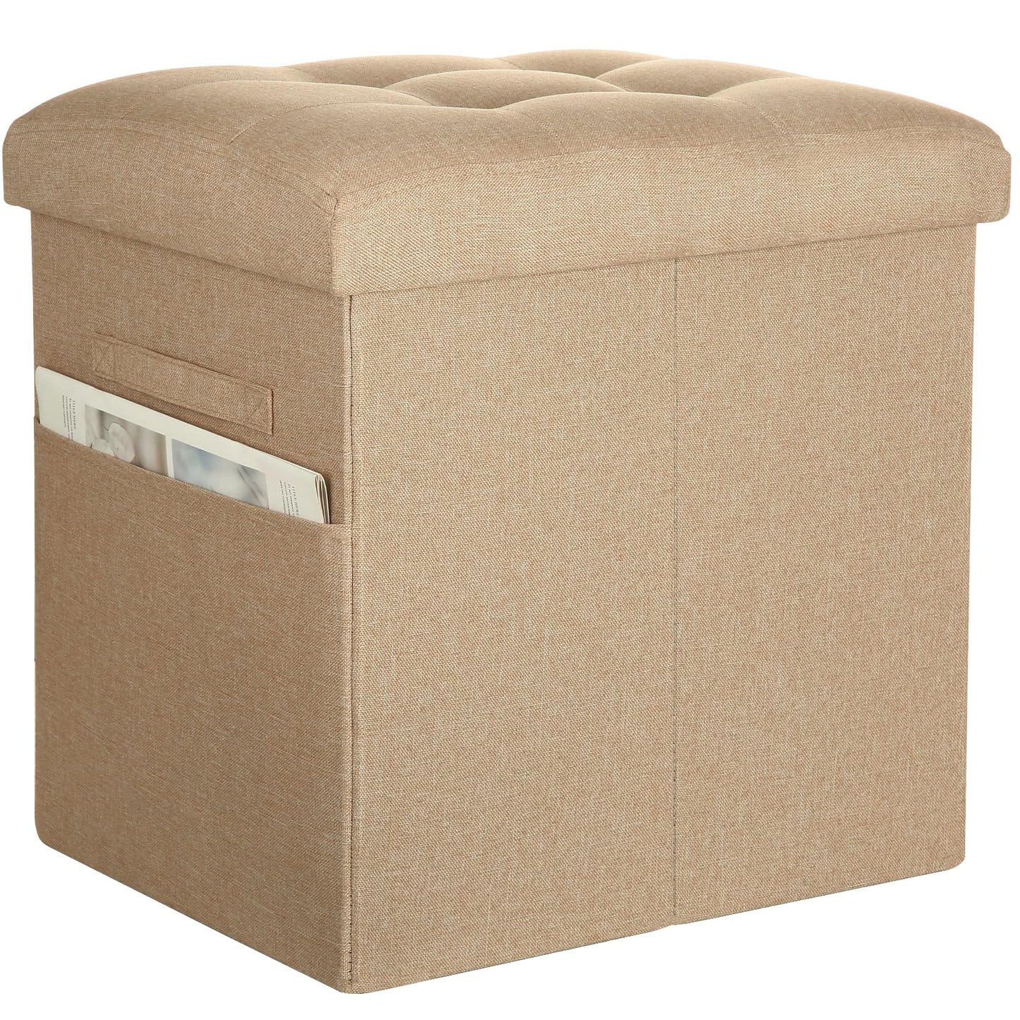 Ottoman with Storage, Small Storage Ottoman Foot Rest with Thicker Foam Padded Seat. 61L Slim Tall Foldable Linen Cloth Foot Stool for Living Room Bedroom, 300lbs Weight Support, 17x13x13IN, Beige