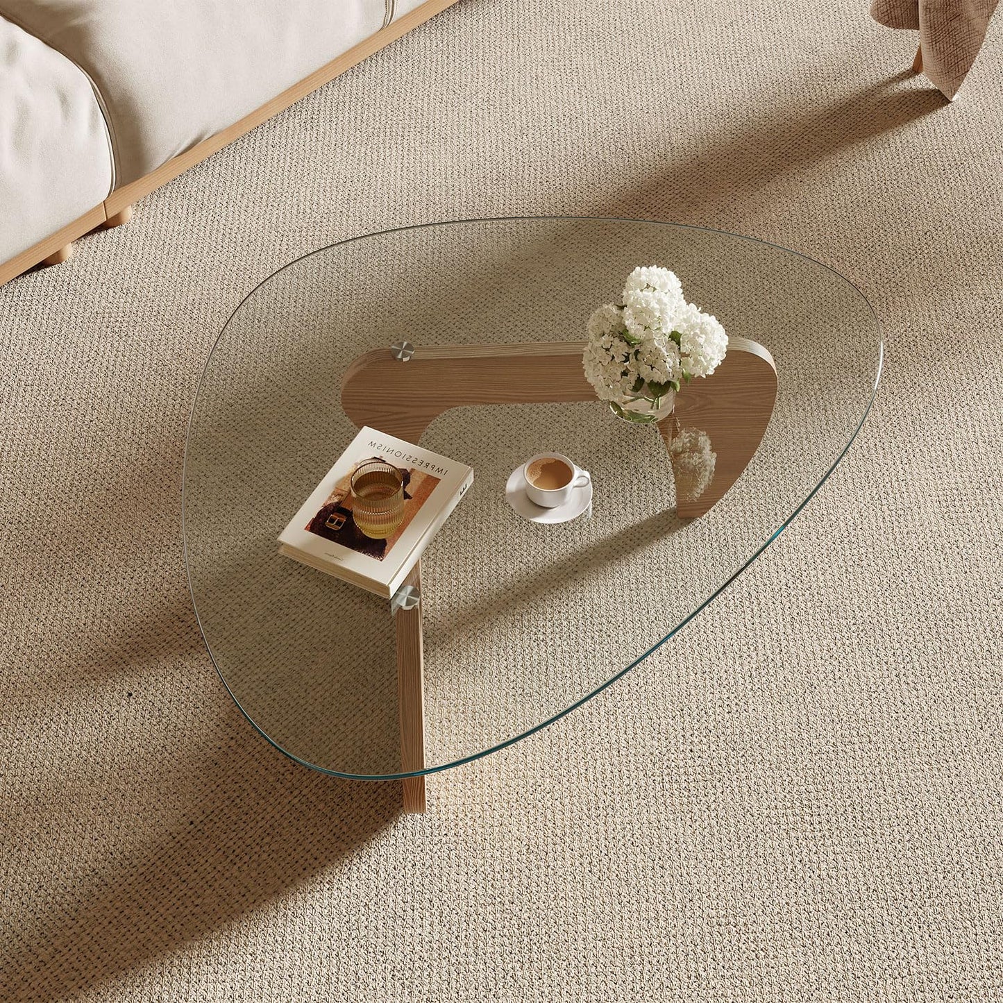 Miloyer Modern Coffee Table for Living Room and Small Spaces, 35.6" x 25.4" x 15.8" Triangle Tempered Glass Table Top and Solid Wood Base, Natural Wood
