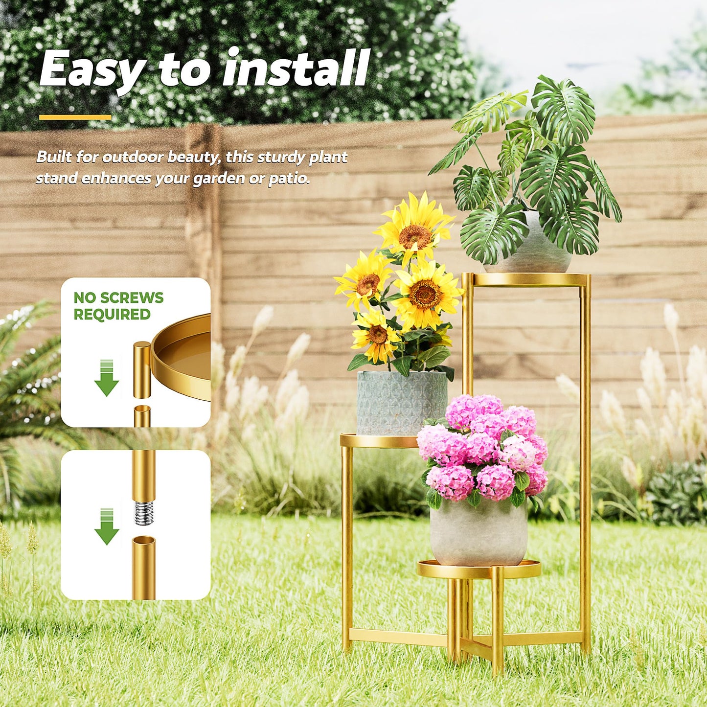 NQW 3 Tiered Plant Stand Indoor for Multiple Large Planter, Tall Heavy Duty Adjustable Folding Rack with Rustproof 7.9 Inch Wide Tray, Gold Plant Shelf for Corner Living Room - GoldDisk