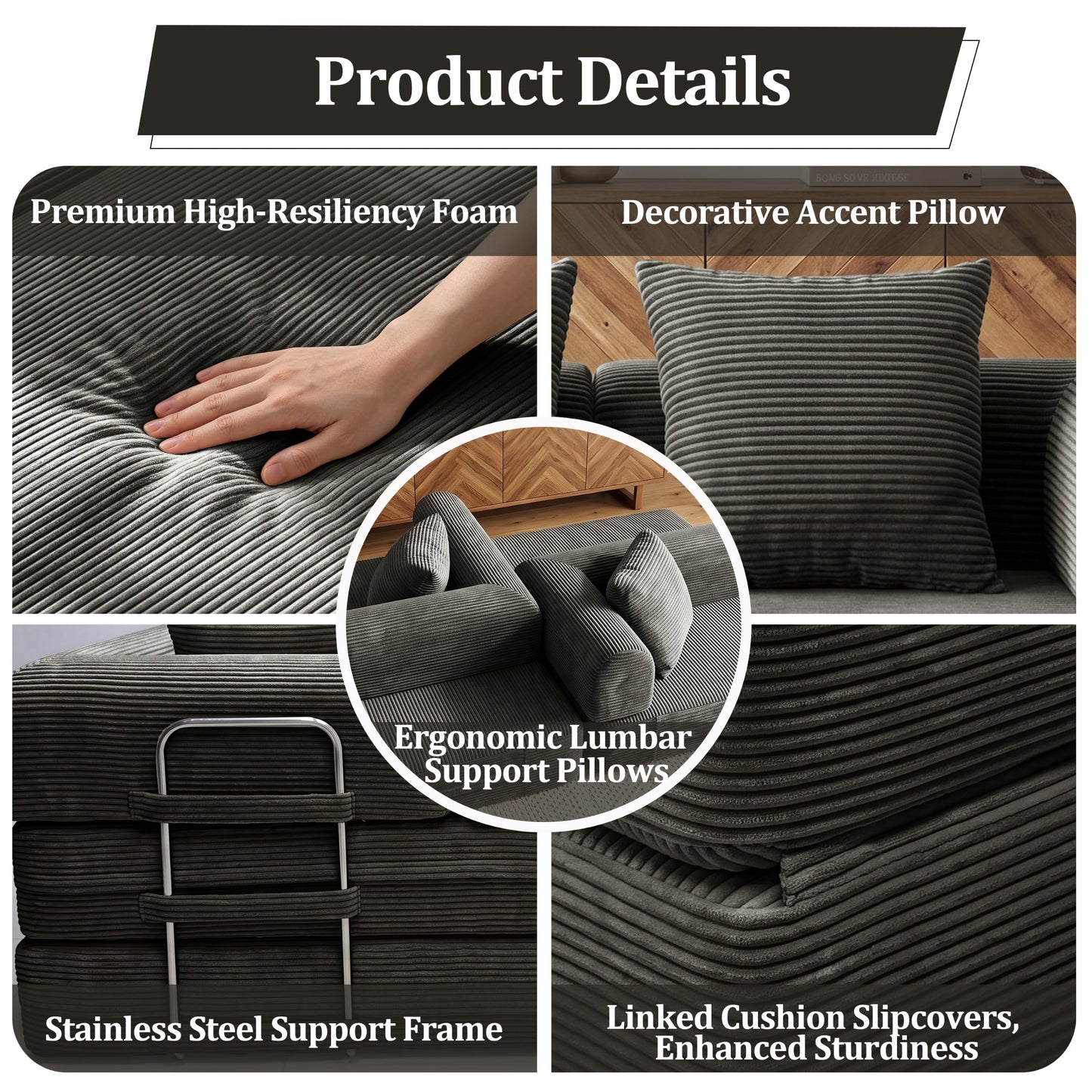 59'' Convertible Compressed Corduroy Folding Cloud Sofa Bed, Modern Boneless Pull Out Loveseat Sleeper in a Box, 4 in 1 Floor Mattress Futon Fluffy Couch, No Assembly Needed, Grey, 2 Pillows, Full