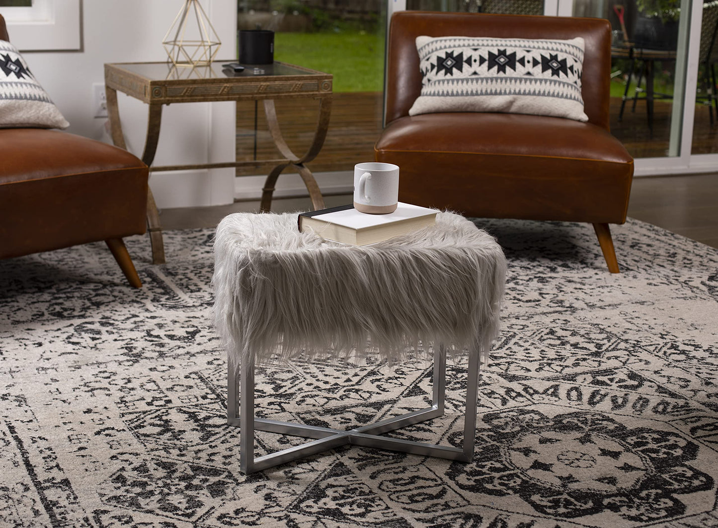 BIRDROCK HOME Rectangular Faux Fur Vanity Foot Stool Ottoman with Metal Legs - Small Soft Padded and Fluffy Makeup Seat or Foot Rest for Bedroom, Desk, or Dressing Table (Gray and Silver)