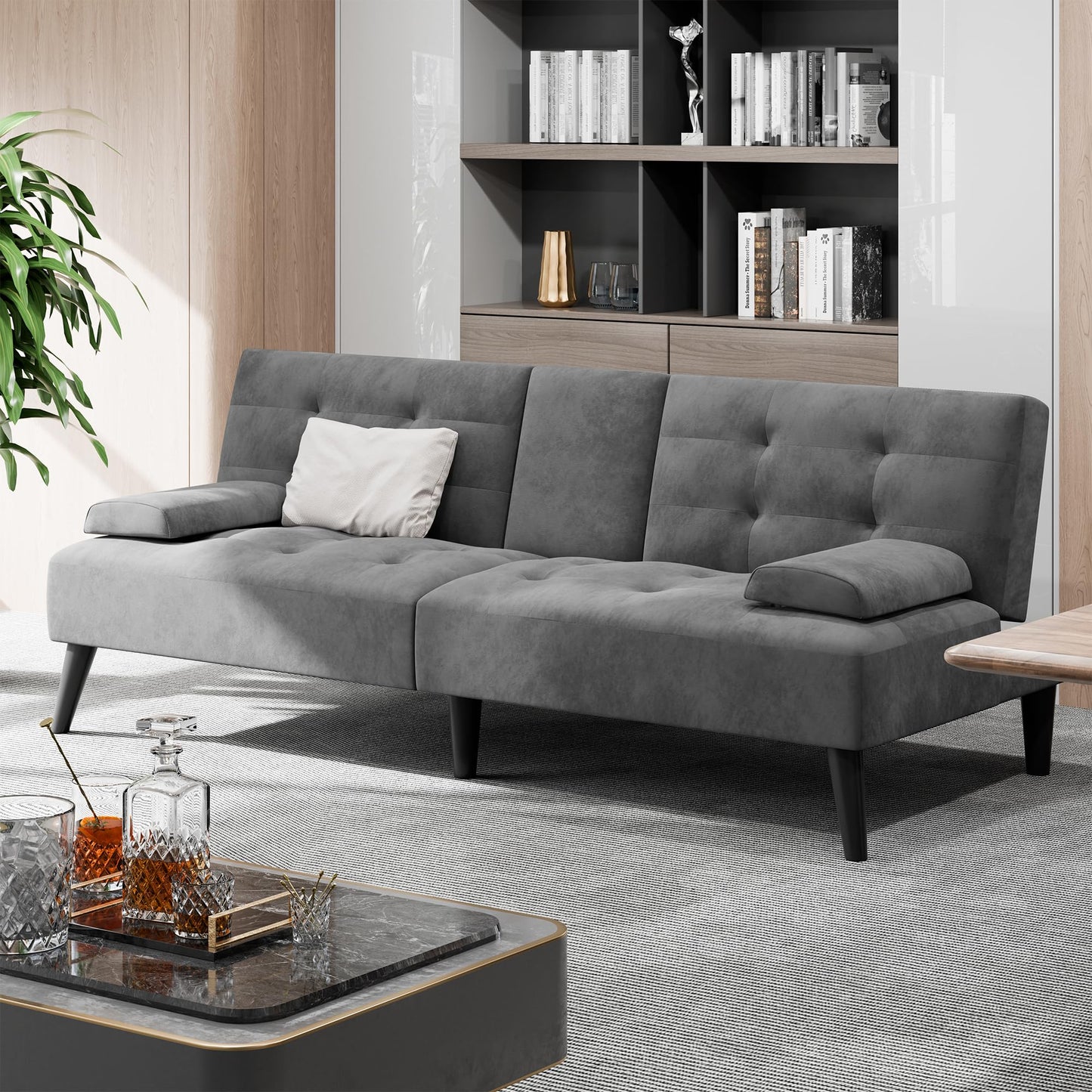 Shintenchi Futon Sofa Bed, Velvet Foldable Couch, Reclining Sleeper with Removable Armrests, Upholstered Loveseat Sofa Couch with Folding Cup Holders for Home, Office, Dark Grey