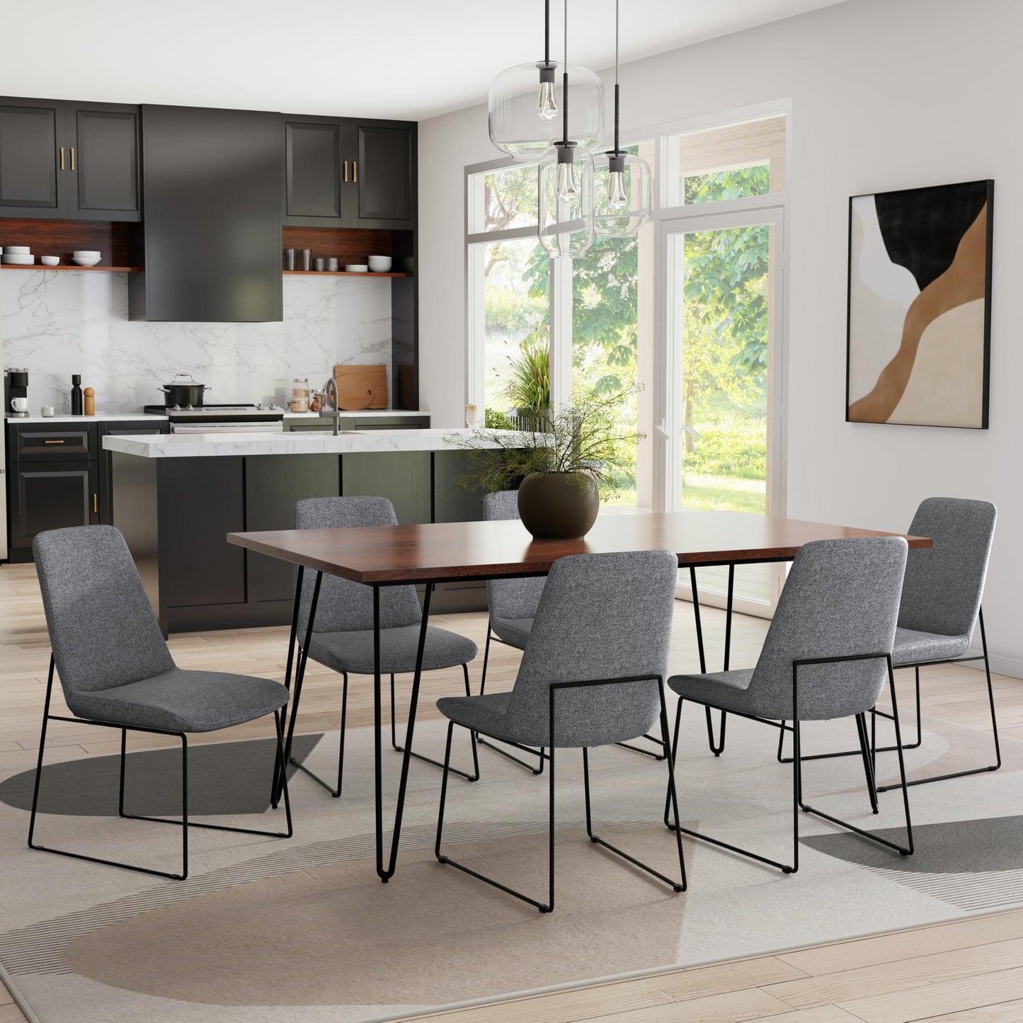 SIMPLIHOME Corina Dining Chairs - Upholstered Black Metal and Linen-Style Fabric Kitchen Chair Set in Grey, Modern Minimalist Dining Room Seating with Sled Base and Cushioned Seat (Set of 2)