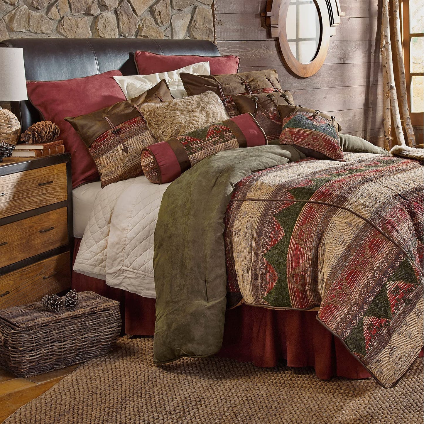 Paseo Road Sierra Western Bedding 7 Piece Queen Comforter Set, Faux Suede Chenille Jacquard Southwestern Bedding, Rustic Comforter Set with Bed Skirt, Shams, Accent Pillows