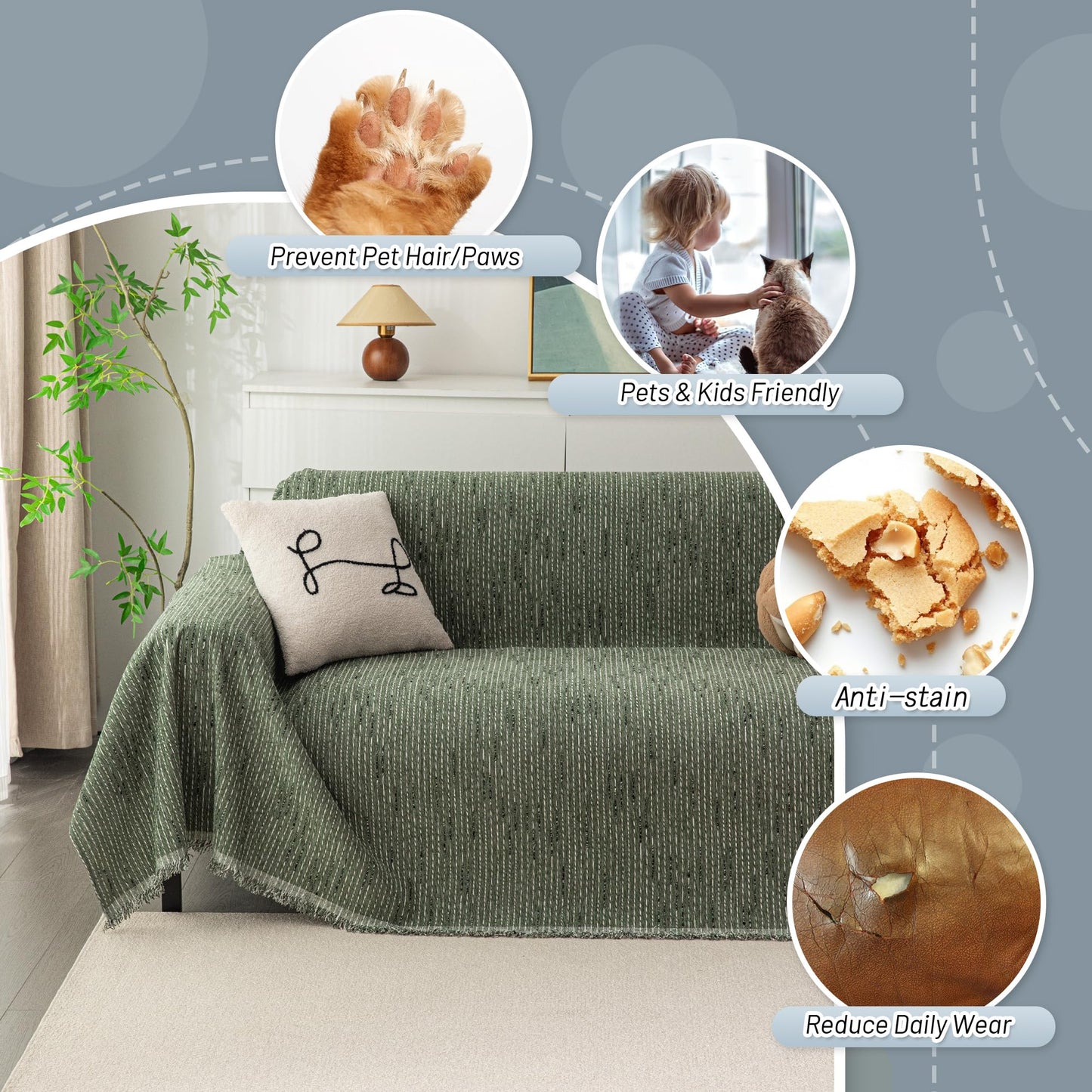 MYSKY HOME Boho Couch Cover Moss Green Sofa Covers with Tassel Farmhouse Sofa Slipcover Simple Couch Protector for Dogs Chenille Sectional Couch Covers L Shaped Couch Cushion Covers, 71"x 134"