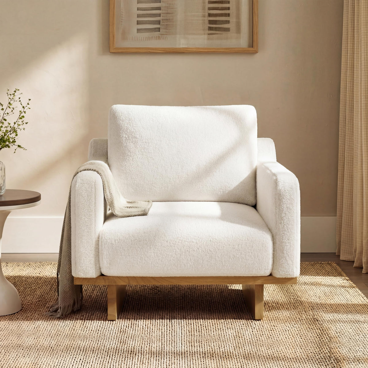 Christopher Knight Home Modern Minimalist Accent Chair with Solid Wood Frame Soft Cushions Spacious Seat Living Room Bedroom Reading Chair, White