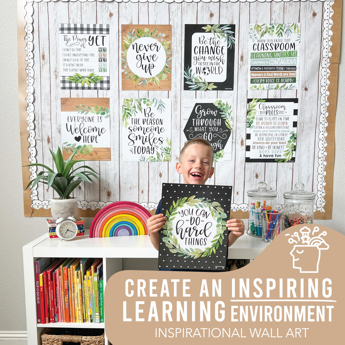 Hadley Designs Motivational Poster for Classroom Decor - 9 Growth Mindset Classroom Posters Elementary, Inspirational Wall Decor Middle School, Teacher Must Haves, Farmhouse Bulletin Board Decorations