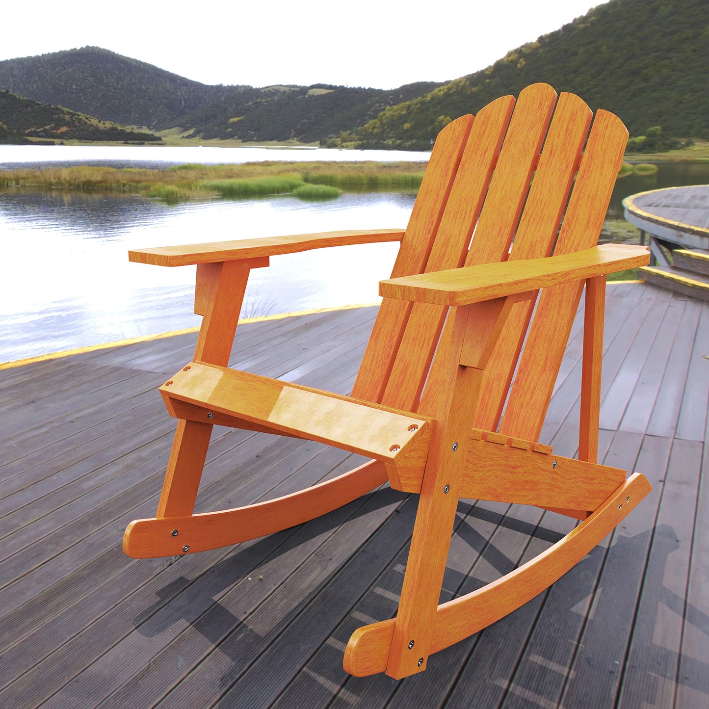 JONATHAN Y Kiawah Acacia Wood Adirondack Rocking Chair, Weather-Resistant Outdoor Slatted Rocker for Patio, Deck, Garden and Fire Pit, Solid Wood Lawn Seating, Light Brown PAT1000A
