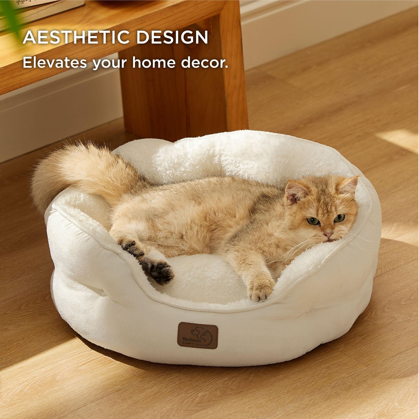 Bedsure Dog Beds for Small Dogs - Round Cat Beds for Indoor Cats, Washable Pet Bed for Puppy and Kitten with Slip-Resistant Bottom, 20 Inche, Ivory